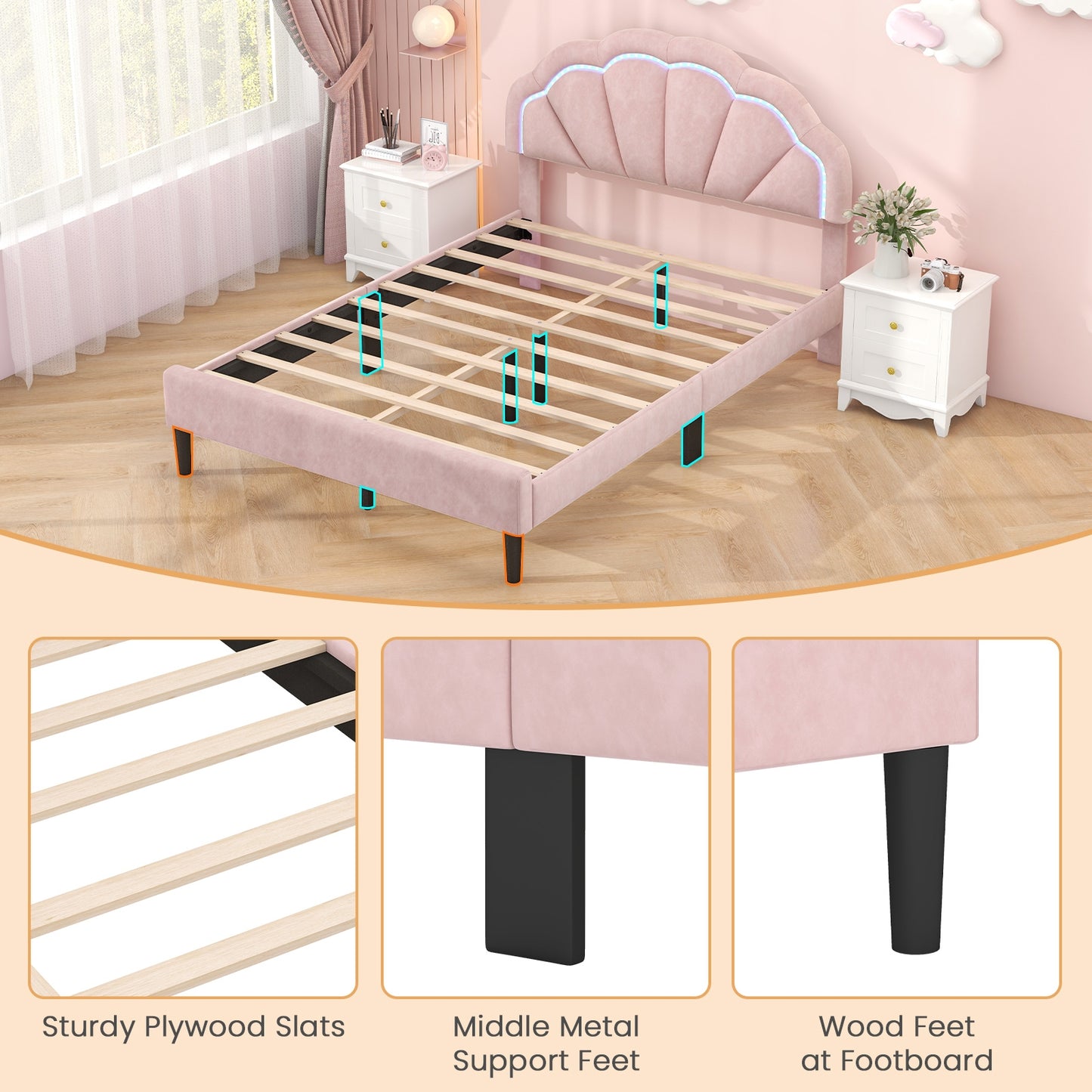 Velvet Upholstered Bed in Pink with RGB LED Lighting, Petal-Inspired Headboard and Sturdy Frame – Full