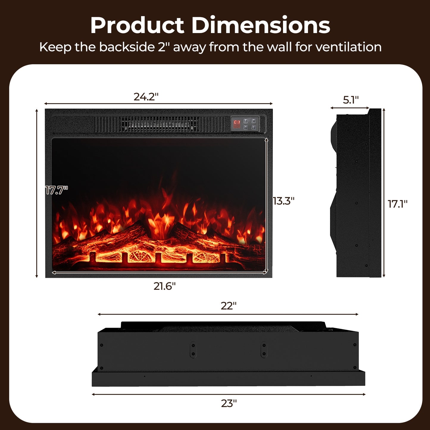 23 Inch Electric Fireplace Insert with Adjustable Flame Colors and Heater
