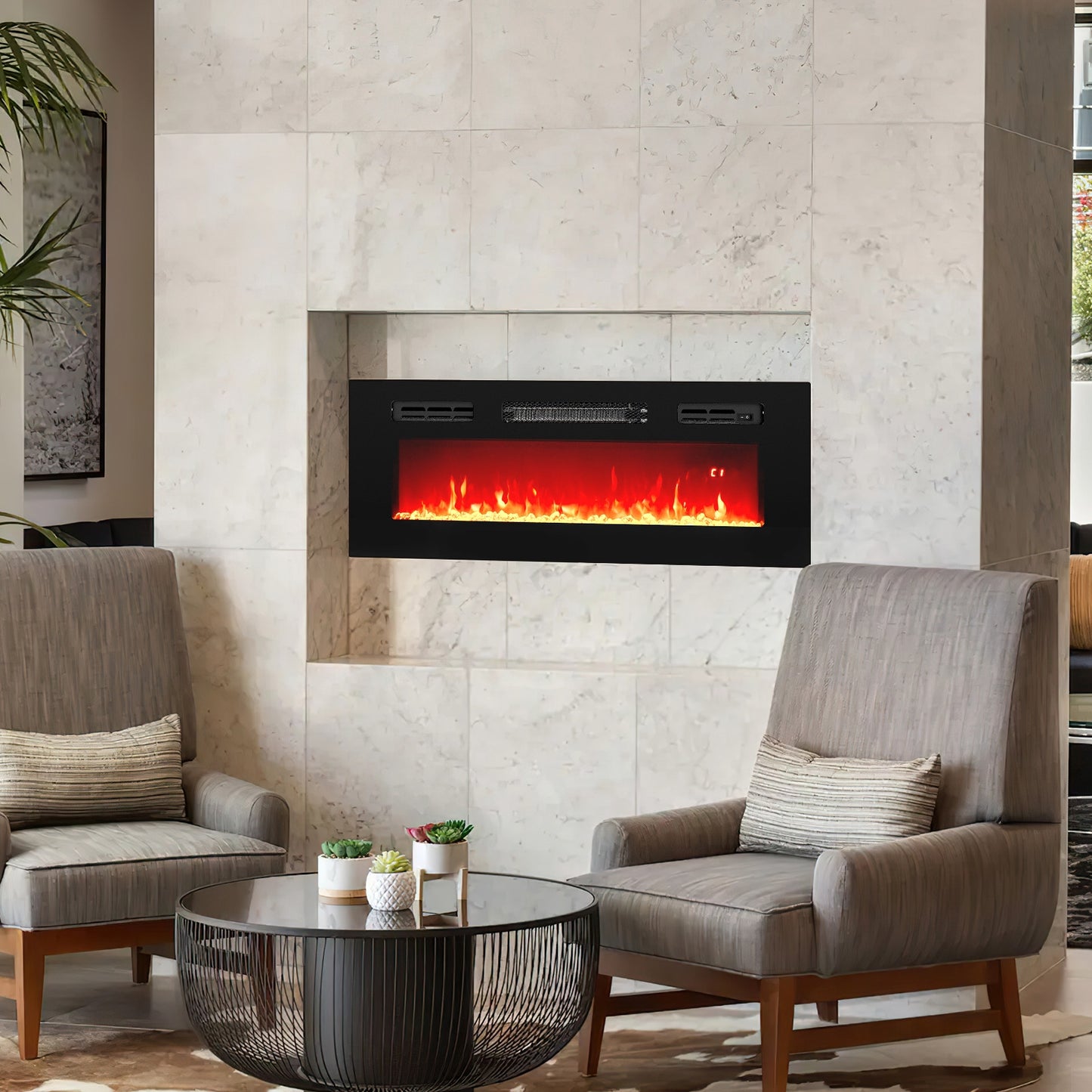 36 Inch Recessed Electric Fireplace Heater with LED Strip Lights & Remote Control