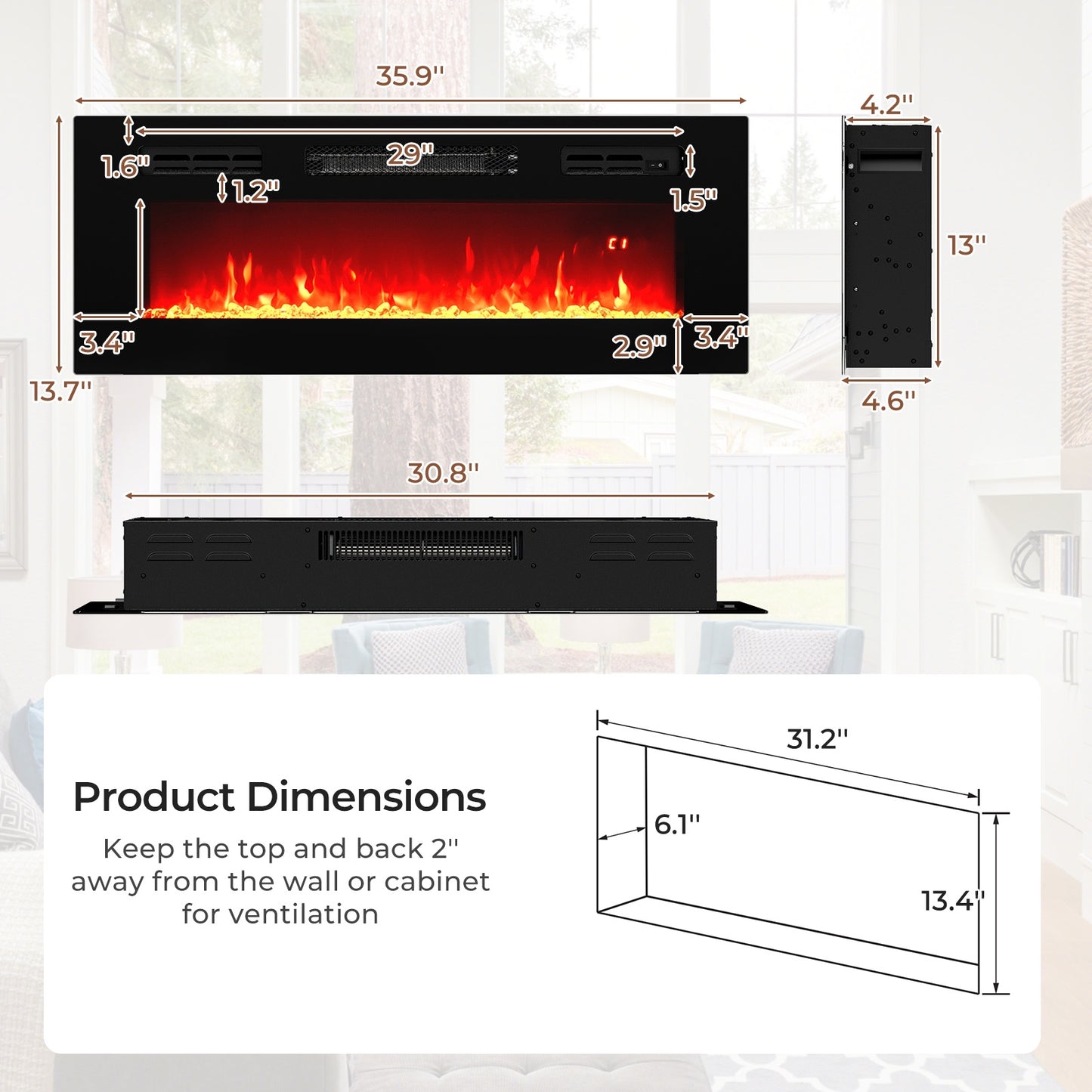 36 Inch Recessed Electric Fireplace Heater with LED Strip Lights & Remote Control