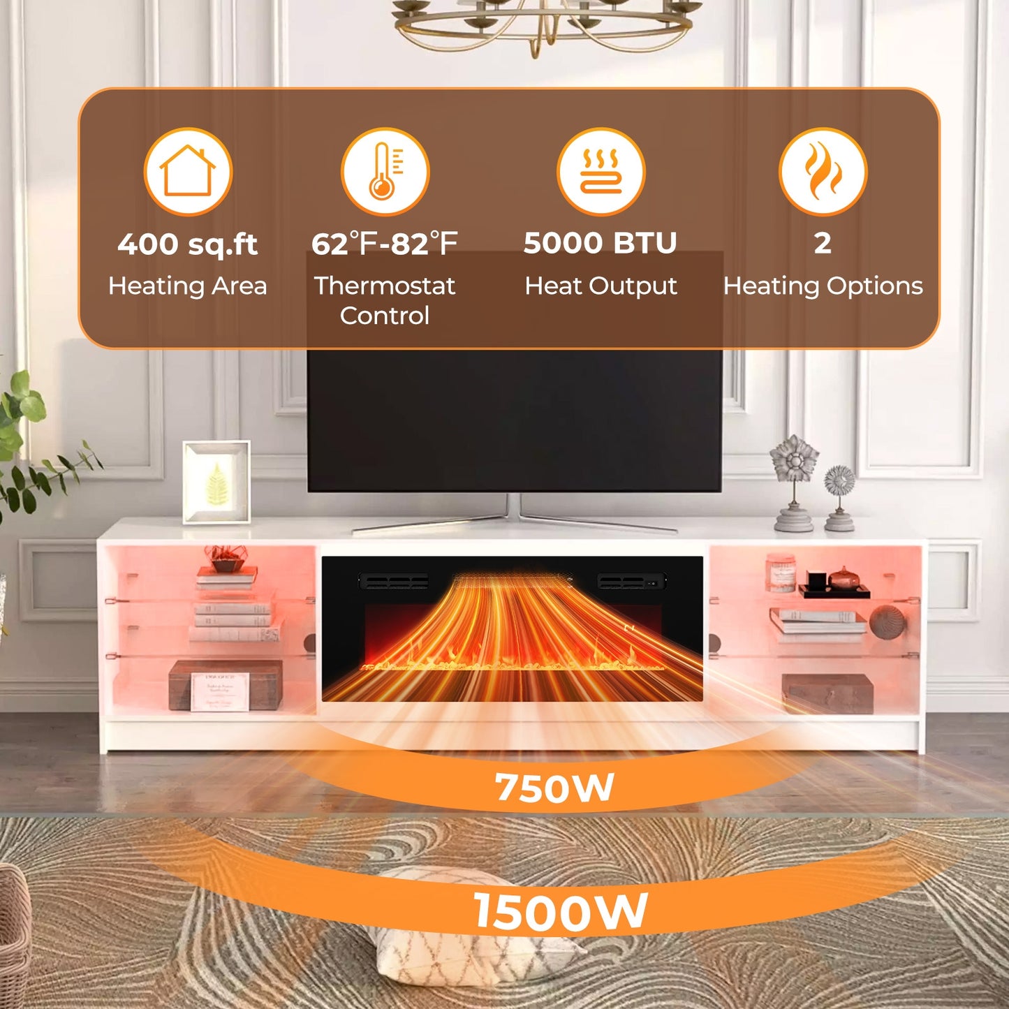 36 Inch Recessed Electric Fireplace Heater with LED Strip Lights & Remote Control