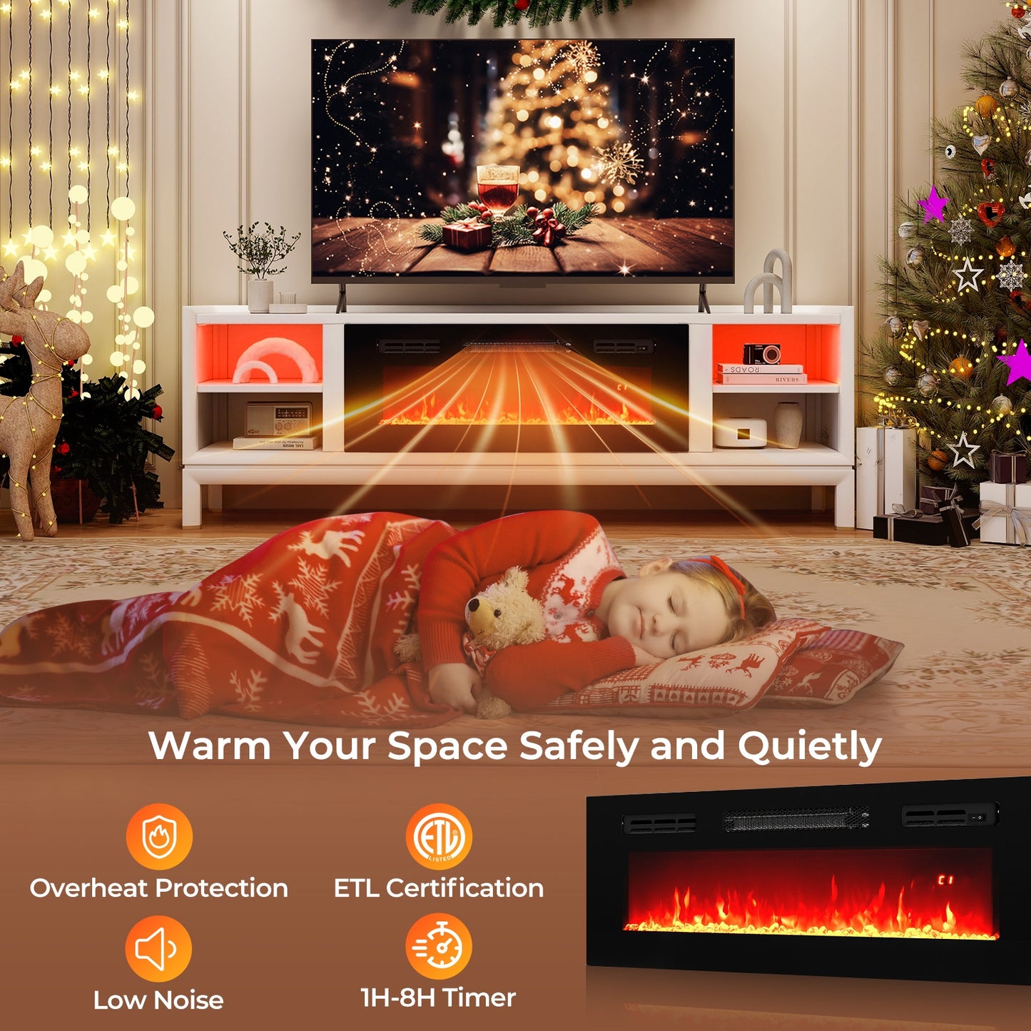 36 Inch Recessed Electric Fireplace Heater with LED Strip Lights & Remote Control