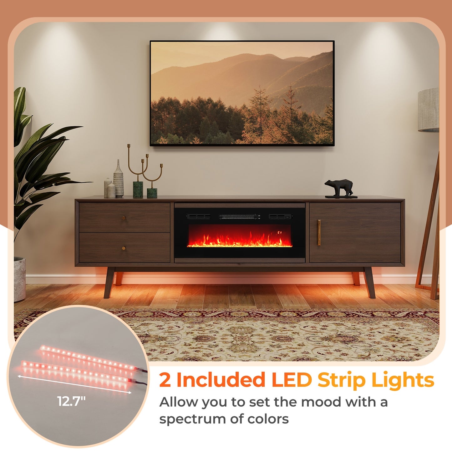 36 Inch Recessed Electric Fireplace Heater with LED Strip Lights & Remote Control