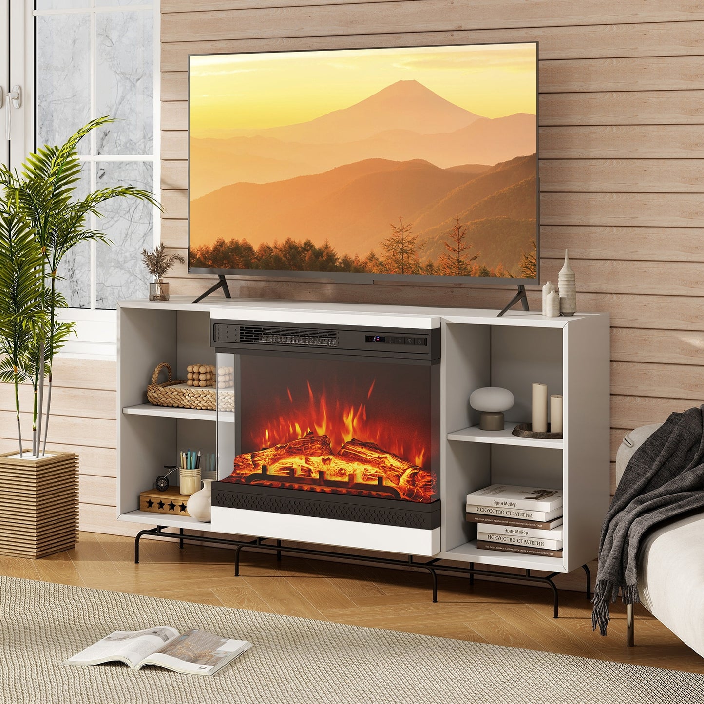 24 Inch Electric Fireplace Heater with 3-Sided Glass & Remote Control