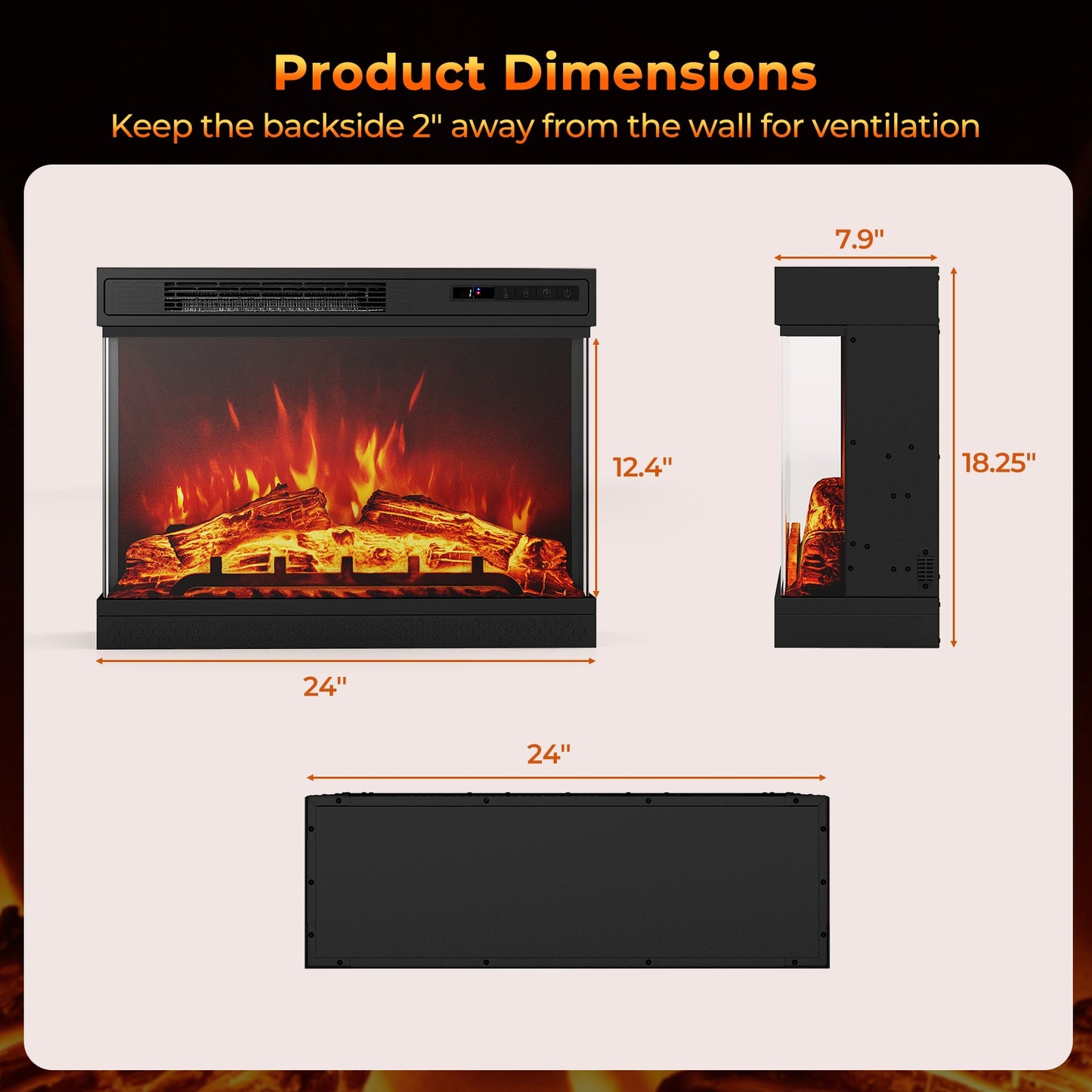 24 Inch Electric Fireplace Heater with 3-Sided Glass & Remote Control