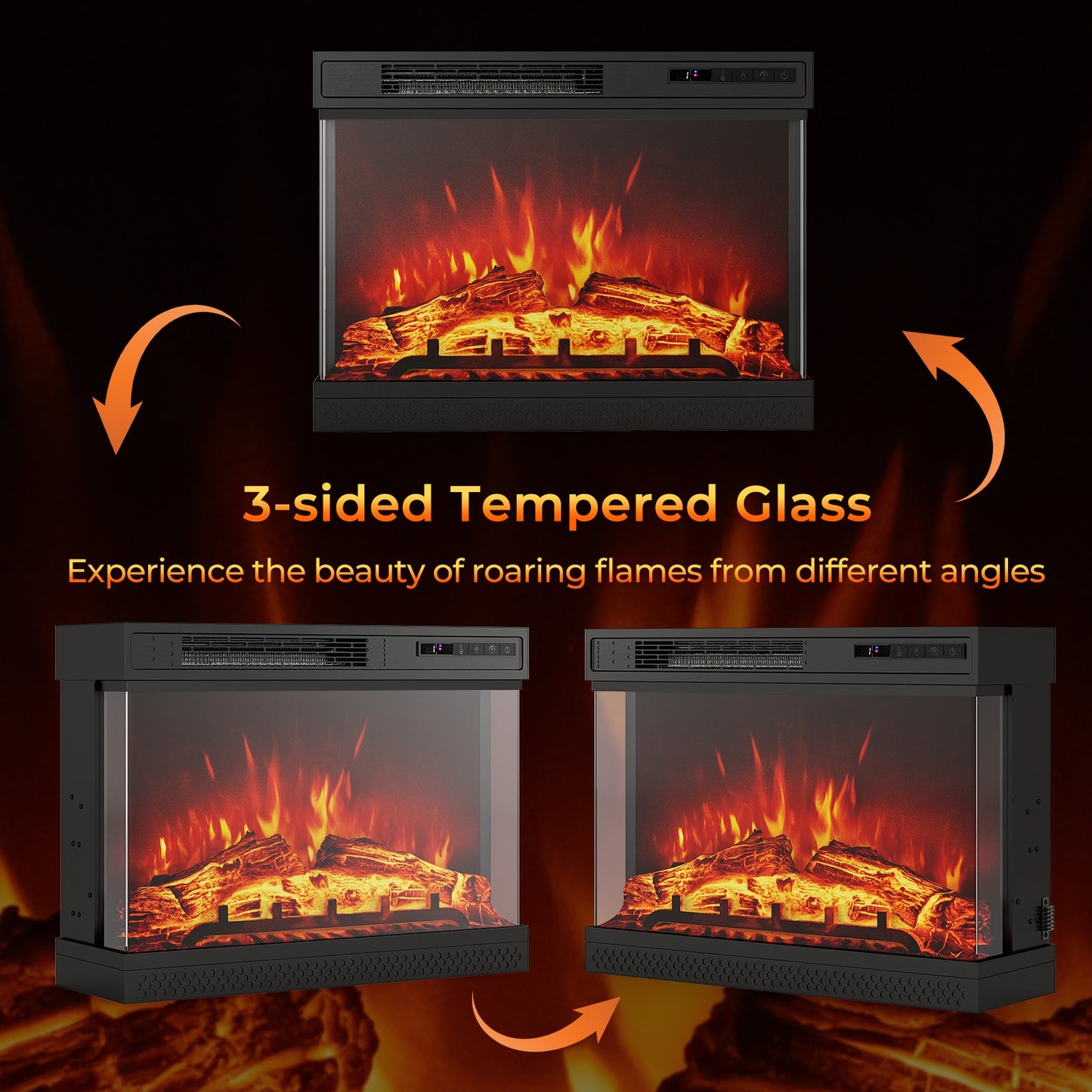 24 Inch Electric Fireplace Heater with 3-Sided Glass & Remote Control