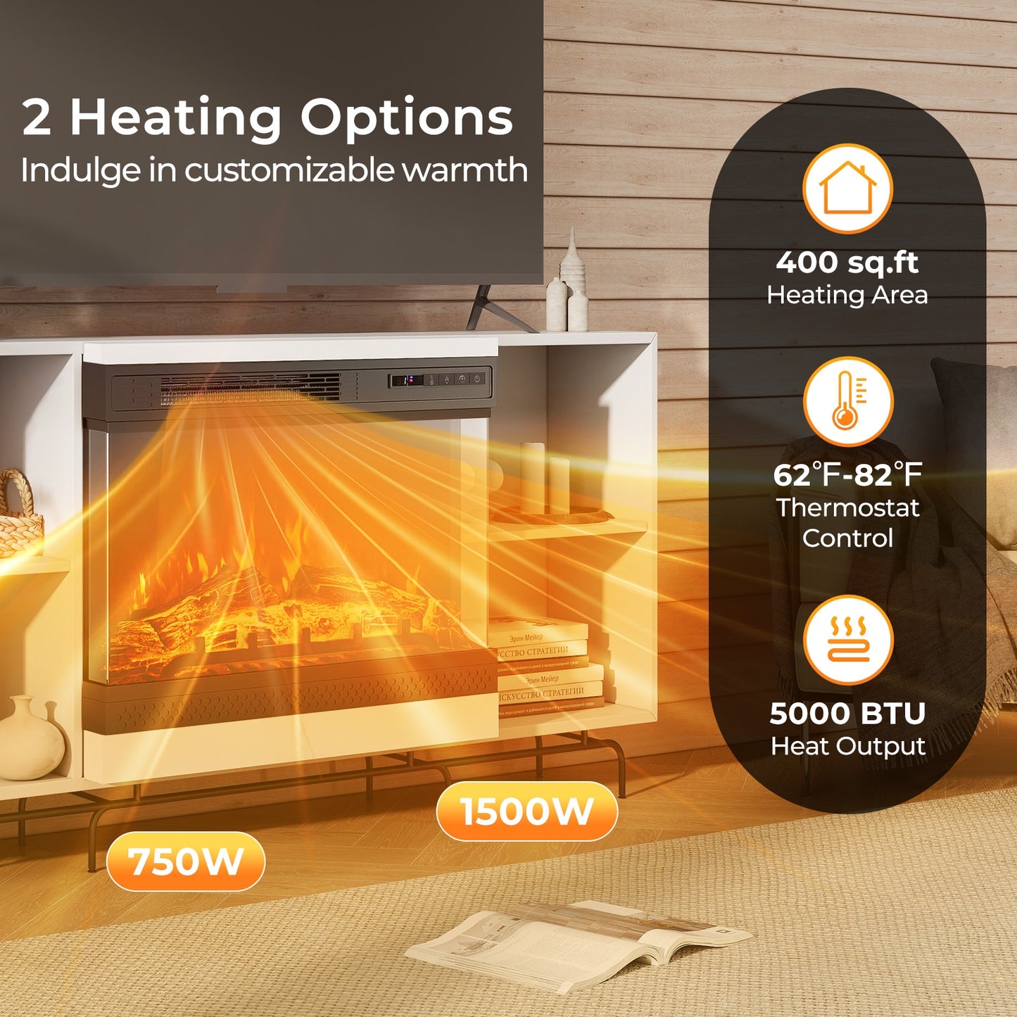 24 Inch Electric Fireplace Heater with 3-Sided Glass & Remote Control