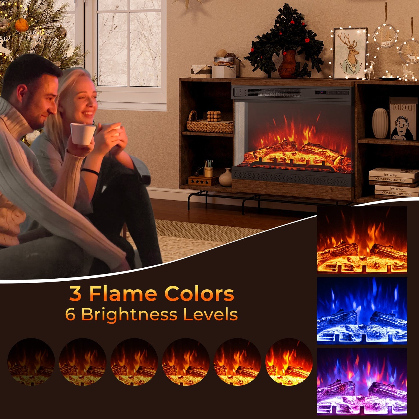 24 Inch Electric Fireplace Heater with 3-Sided Glass & Remote Control