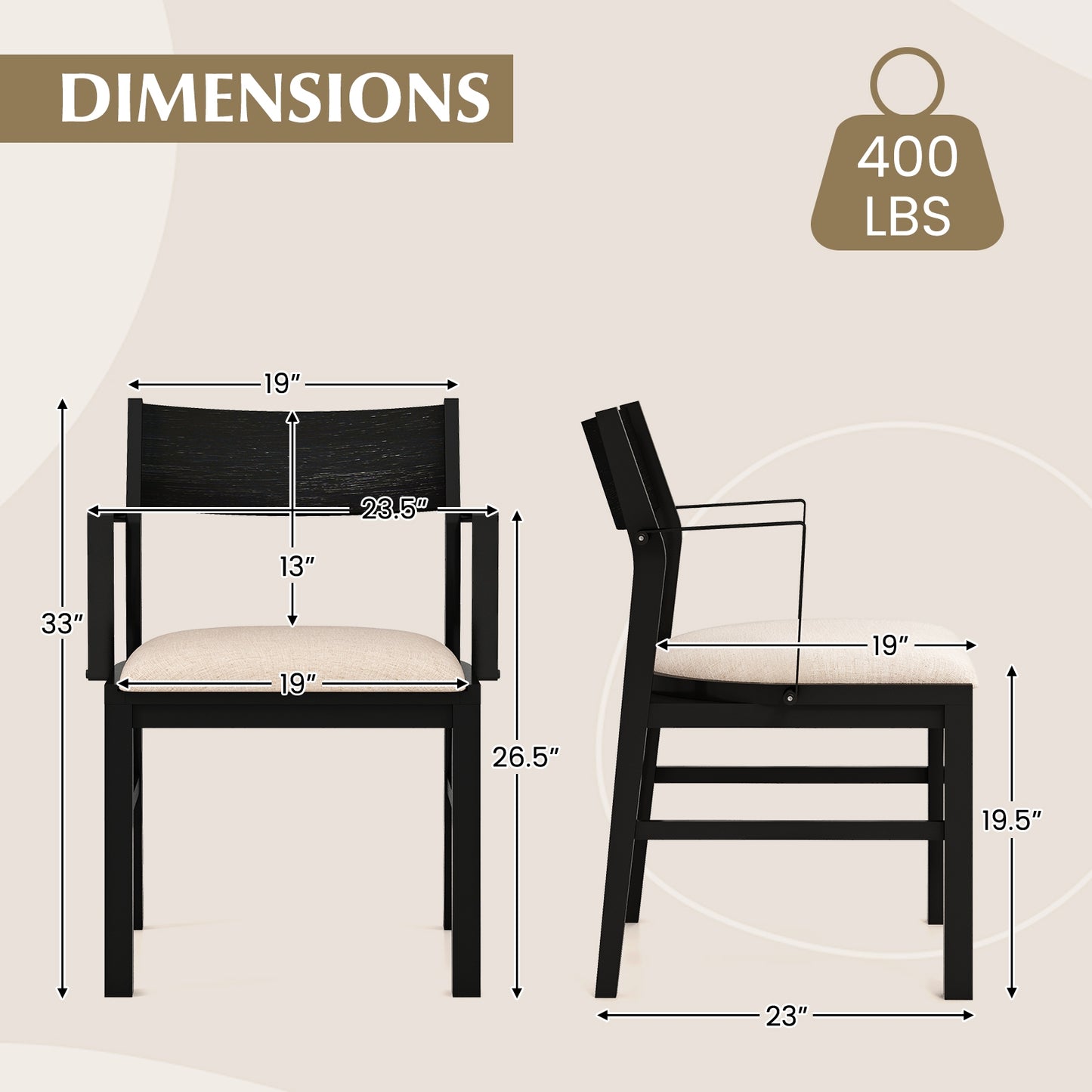 Set of 2 Dining Chairs with Contoured Backrest and Padded Seat in Beige