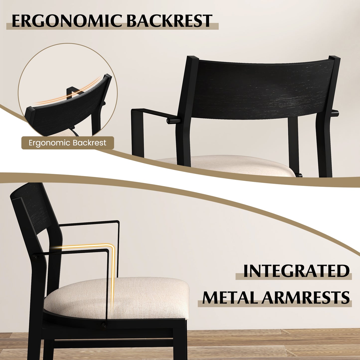 Set of 2 Dining Chairs with Contoured Backrest and Padded Seat in Beige