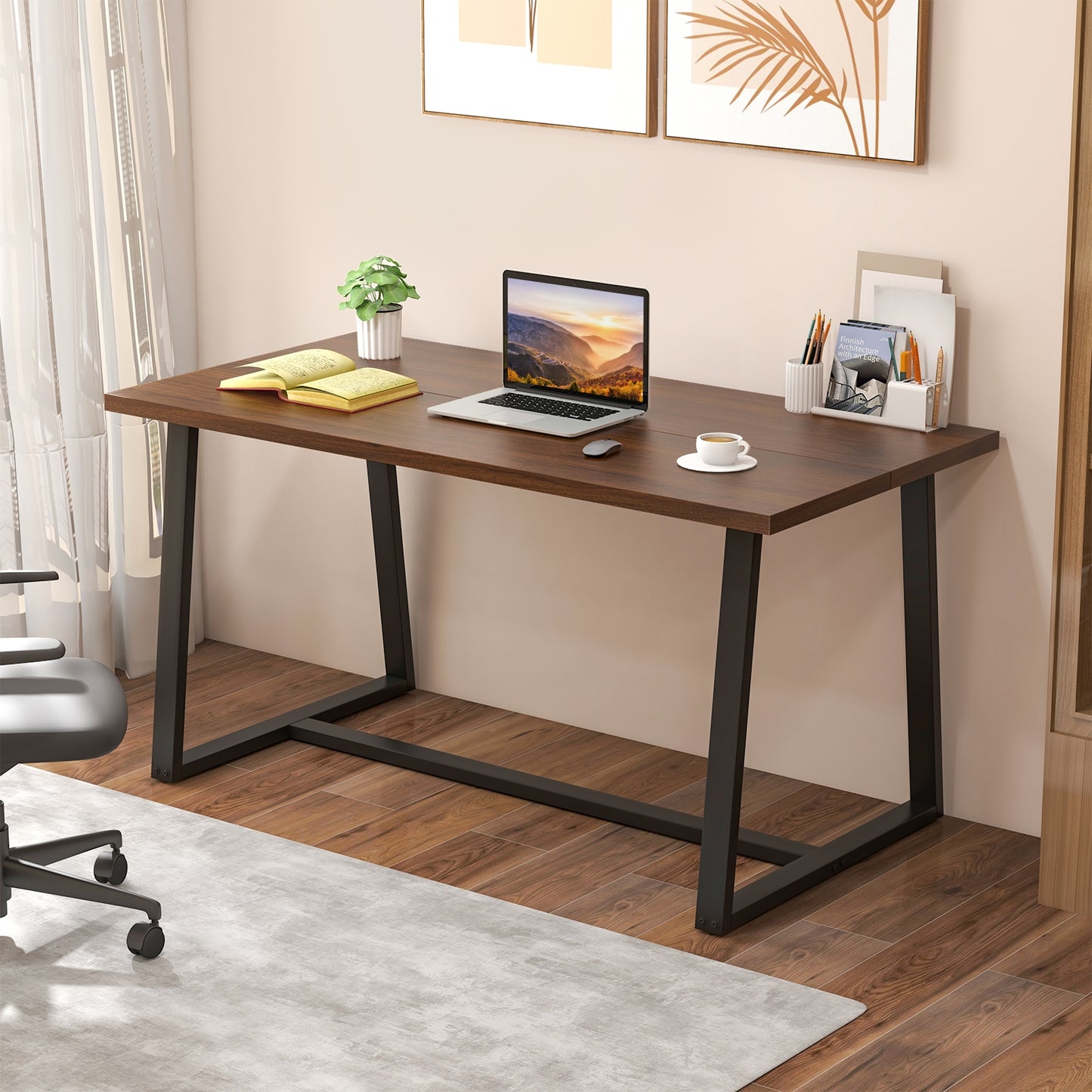 63 Inch Rectangular Dining Table for 4 to 6 People with Sturdy Metal Frame and Wood Finish in Coffee