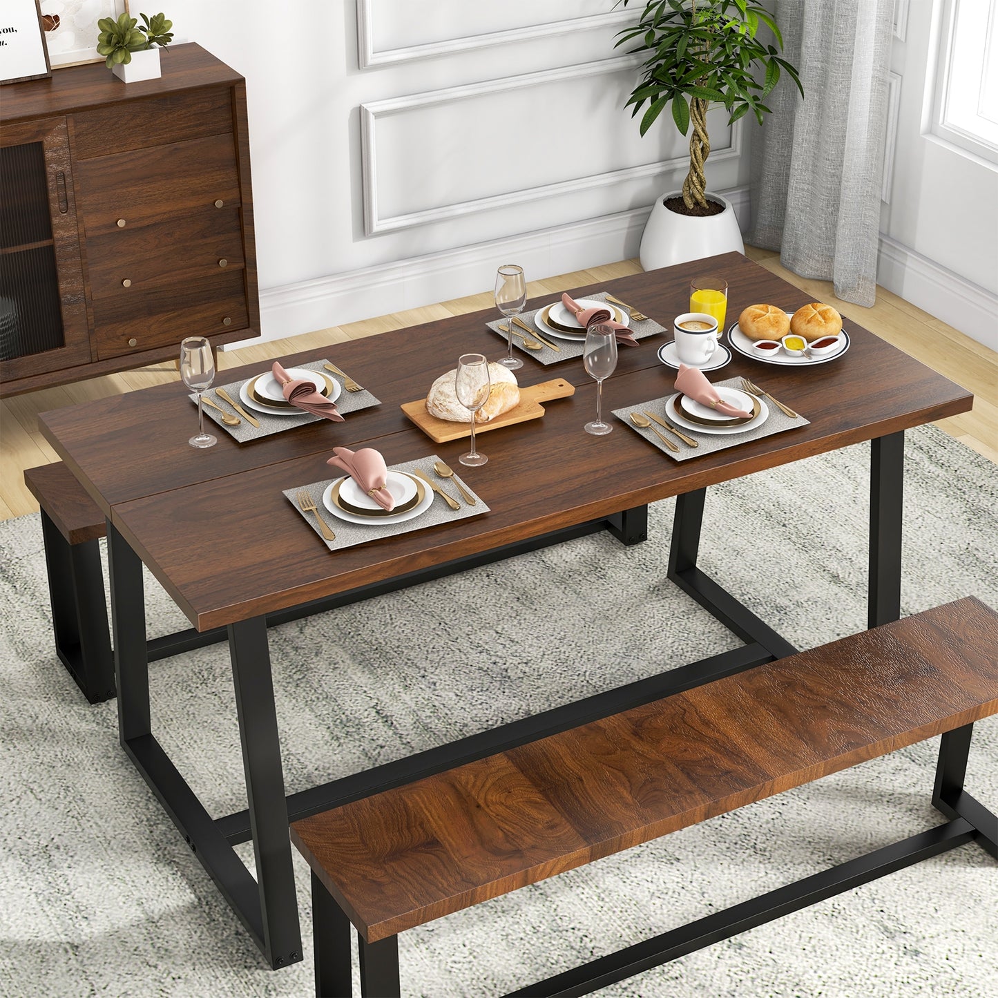 63 Inch Rectangular Dining Table for 4 to 6 People with Sturdy Metal Frame and Wood Finish in Coffee