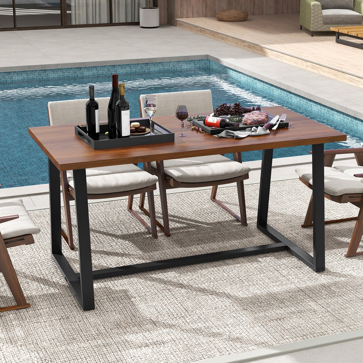 63 Inch Rectangular Dining Table for 4 to 6 People with Sturdy Metal Frame and Wood Finish in Coffee