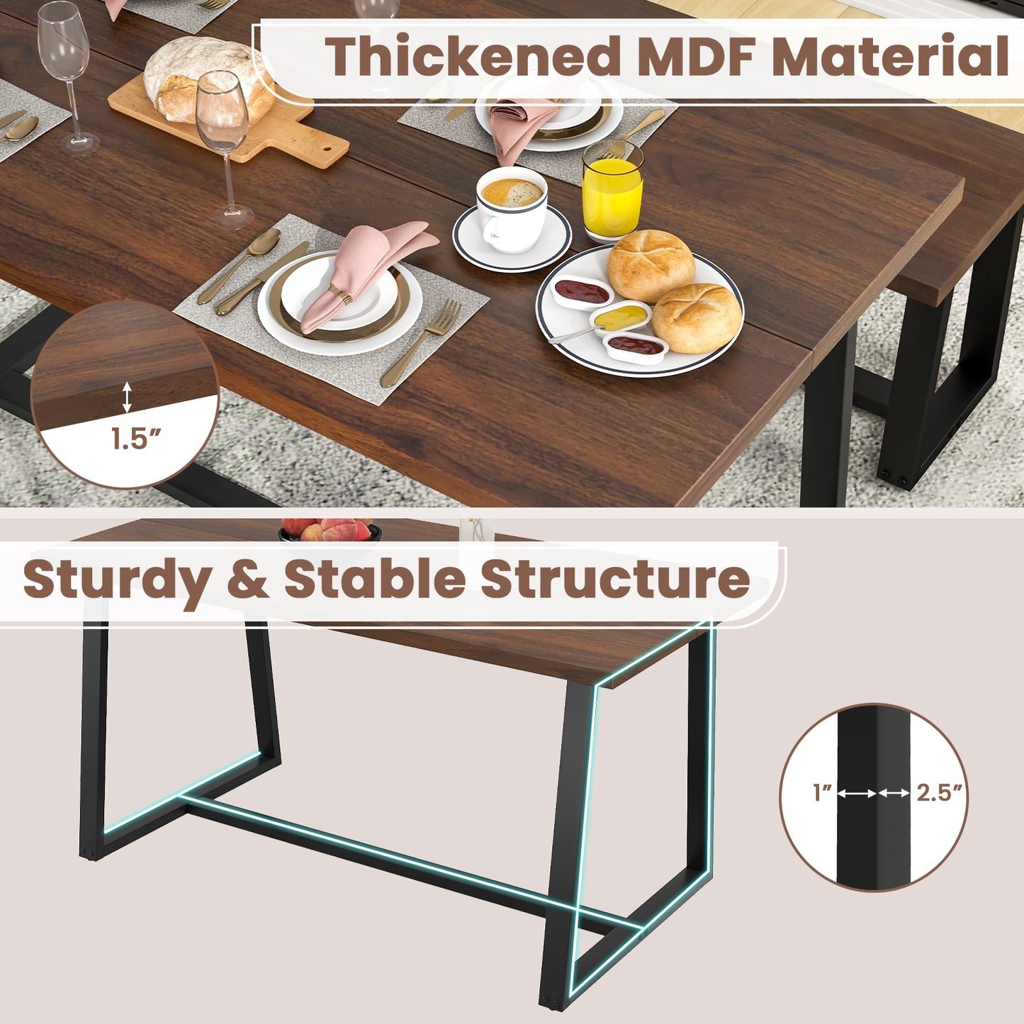 63 Inch Rectangular Dining Table for 4 to 6 People with Sturdy Metal Frame and Wood Finish in Coffee