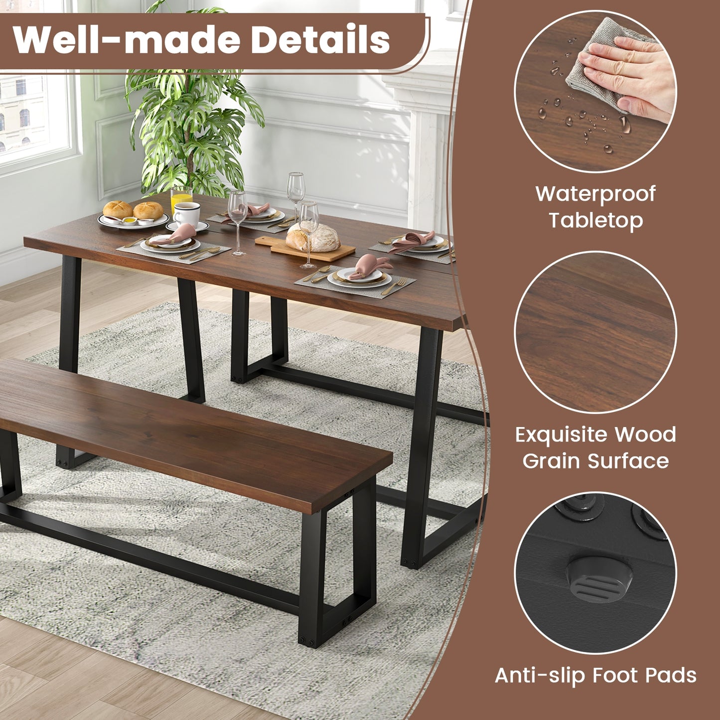 63 Inch Rectangular Dining Table for 4 to 6 People with Sturdy Metal Frame and Wood Finish in Coffee