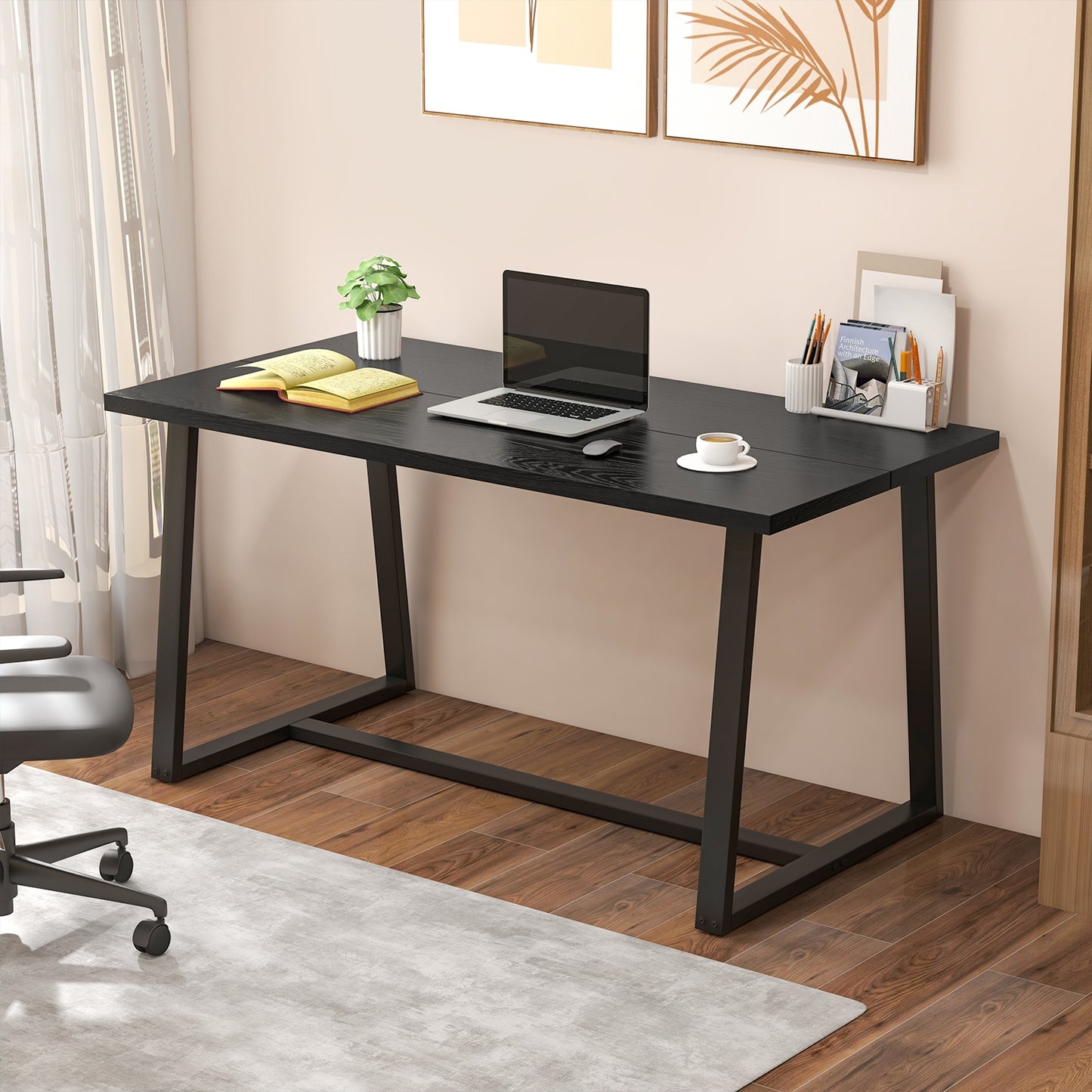 63 Inch Rectangular Dining Table for 4 to 6 People with Sturdy Metal Frame and Wood Finish in Black