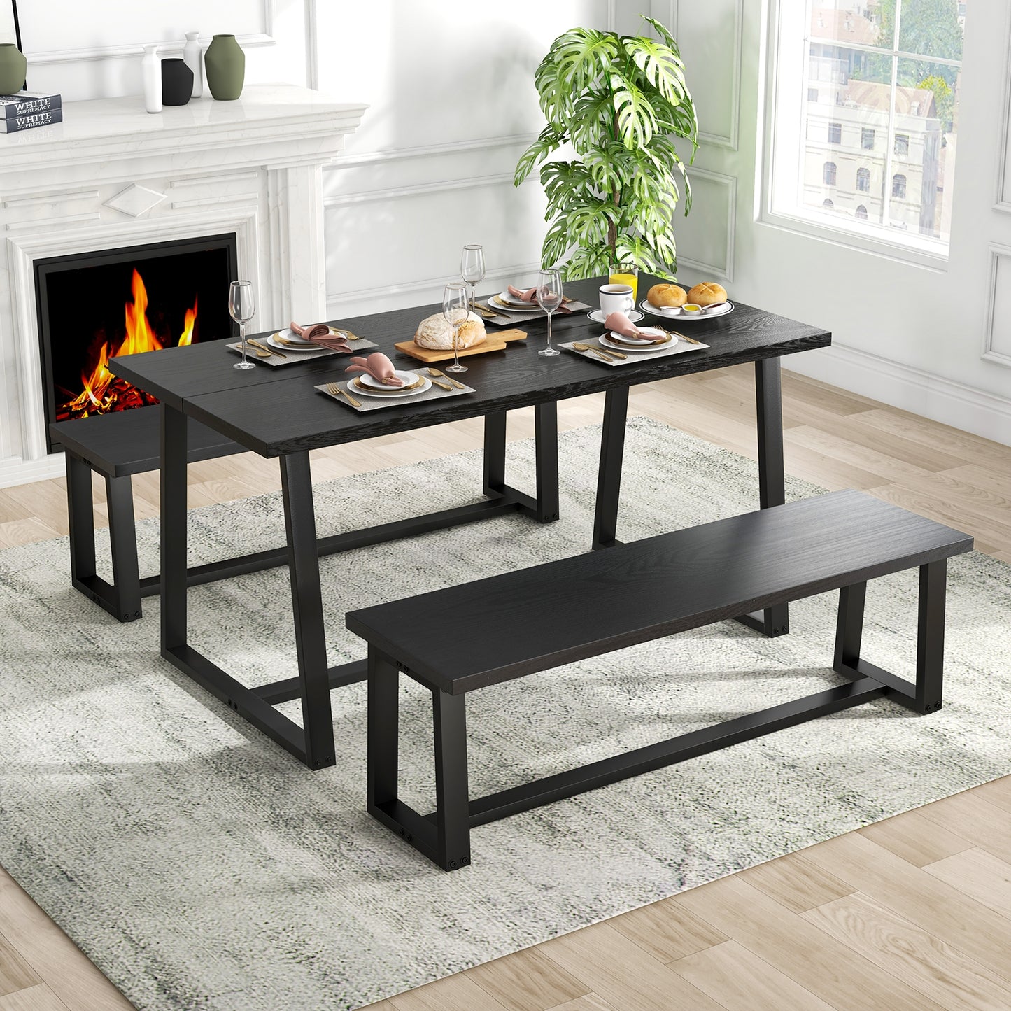 63 Inch Rectangular Dining Table for 4 to 6 People with Sturdy Metal Frame and Wood Finish in Black