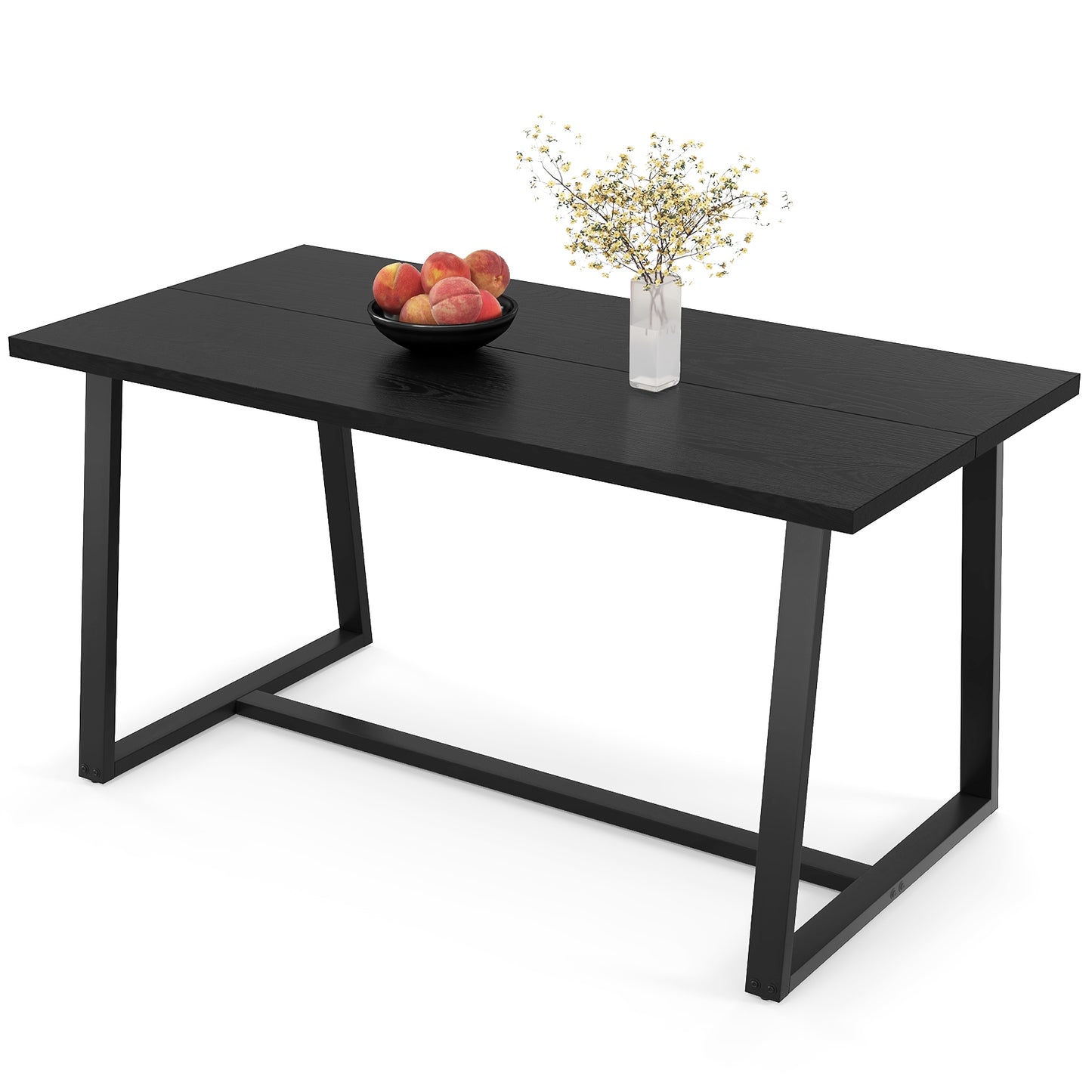 63 Inch Rectangular Dining Table for 4 to 6 People with Sturdy Metal Frame and Wood Finish in Black