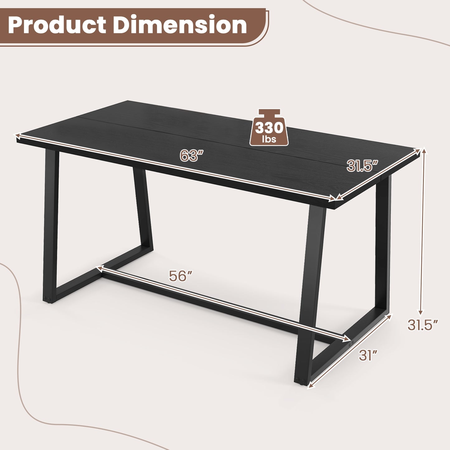 63 Inch Rectangular Dining Table for 4 to 6 People with Sturdy Metal Frame and Wood Finish in Black