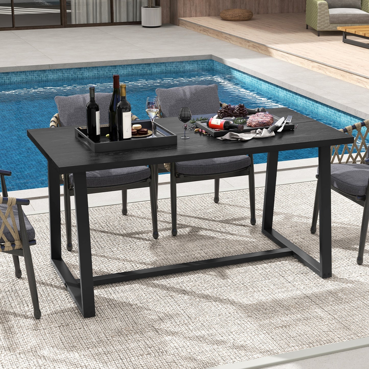 63 Inch Rectangular Dining Table for 4 to 6 People with Sturdy Metal Frame and Wood Finish in Black