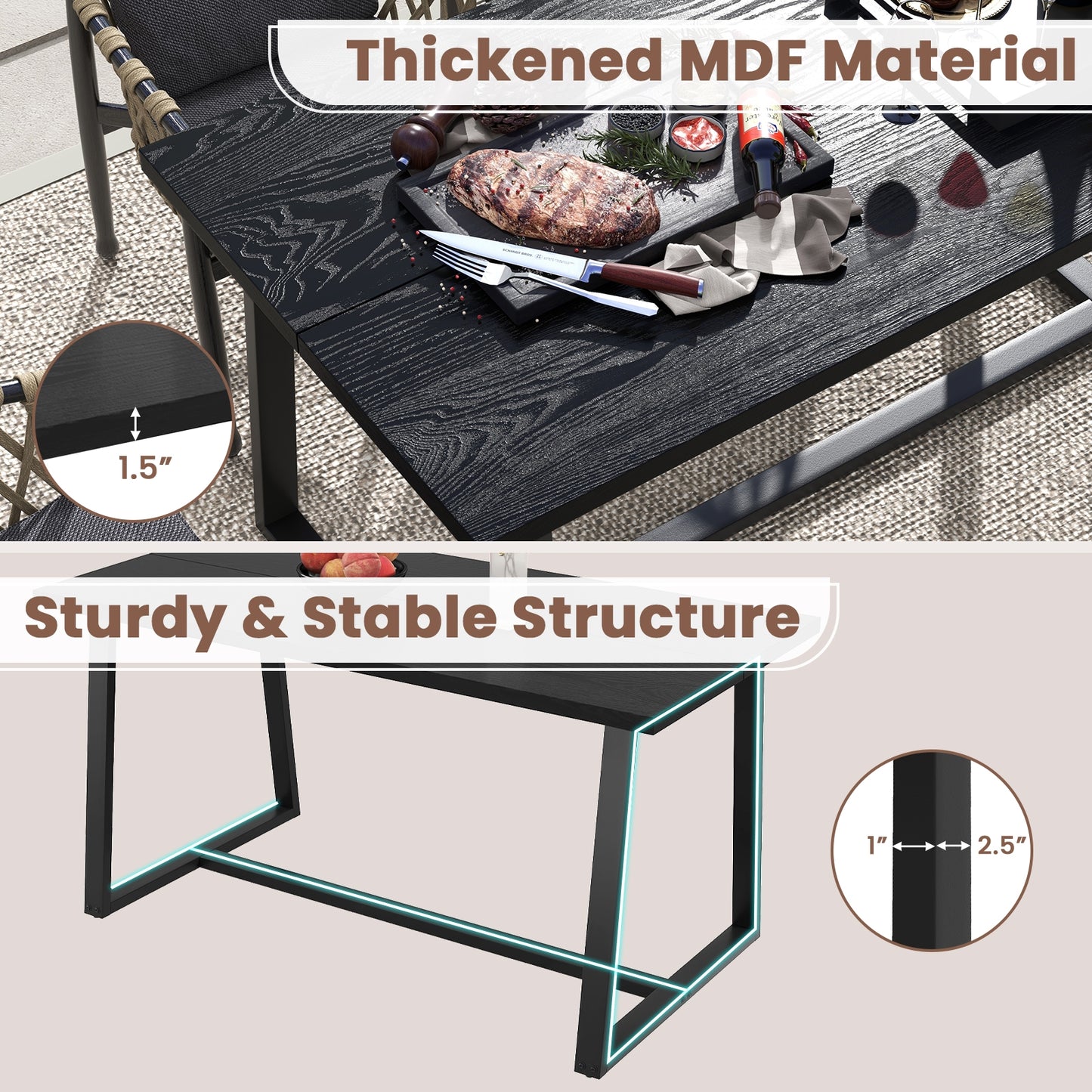 63 Inch Rectangular Dining Table for 4 to 6 People with Sturdy Metal Frame and Wood Finish in Black