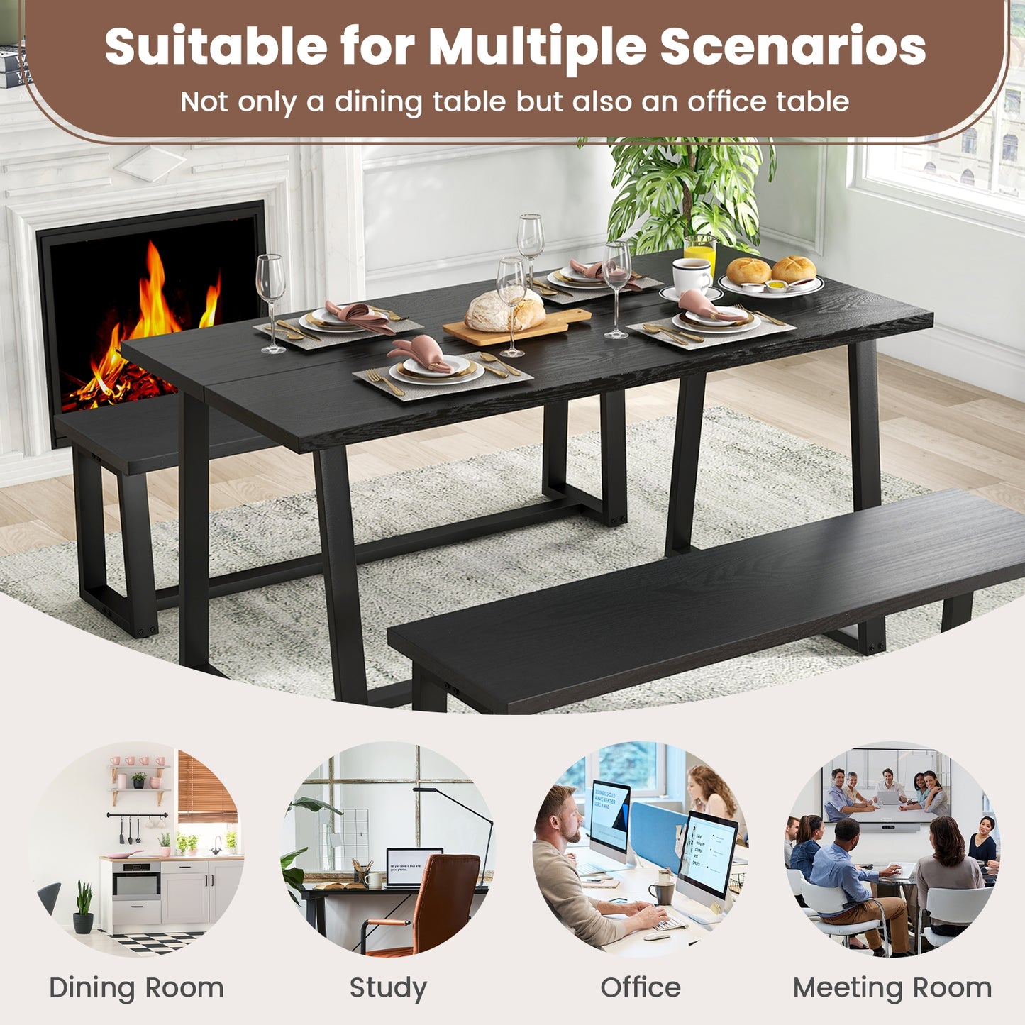 63 Inch Rectangular Dining Table for 4 to 6 People with Sturdy Metal Frame and Wood Finish in Black