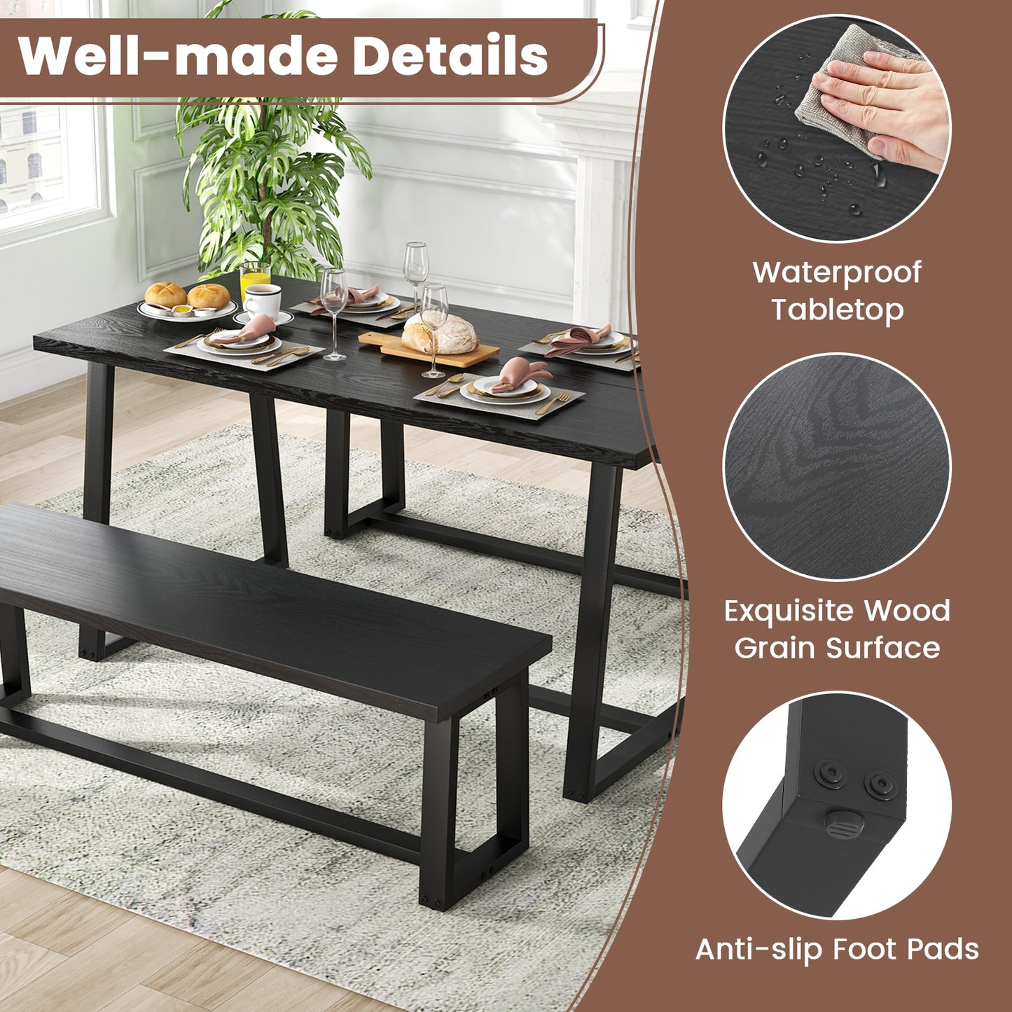63 Inch Rectangular Dining Table for 4 to 6 People with Sturdy Metal Frame and Wood Finish in Black
