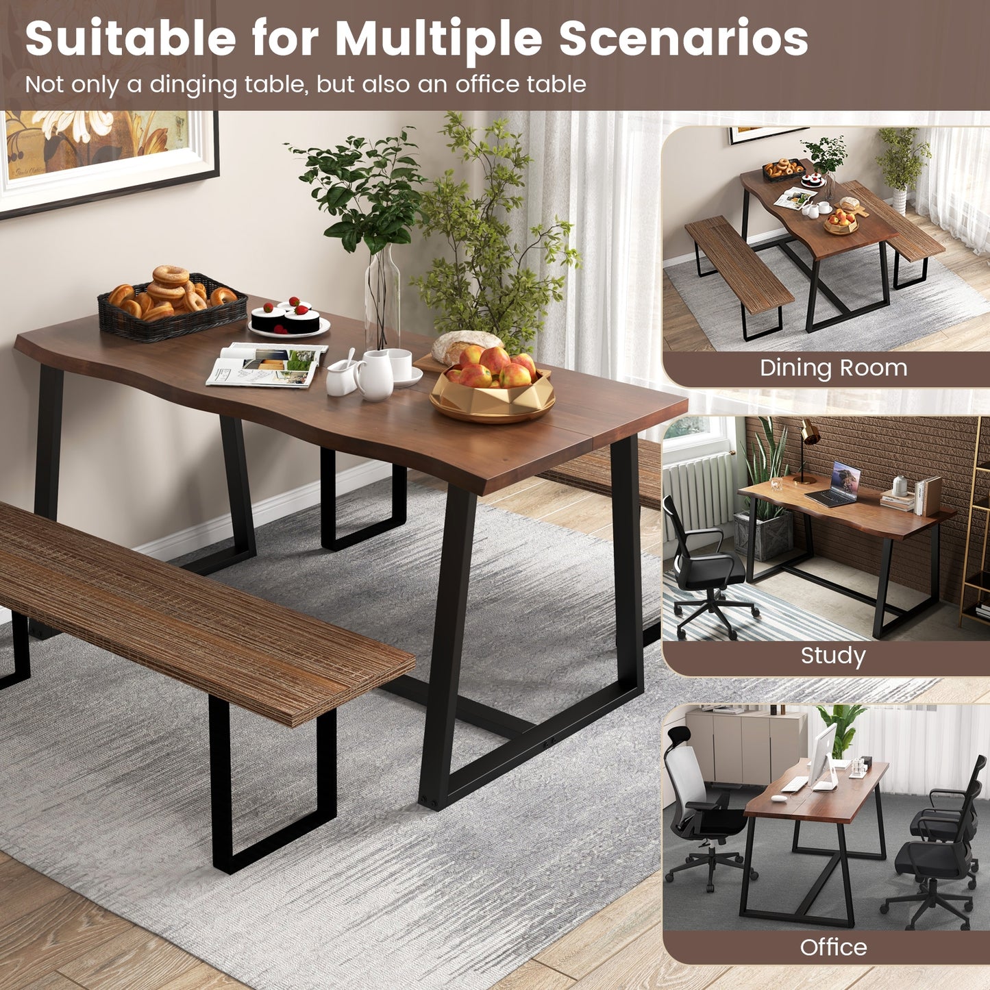 63 Inch Large Farmhouse Dining Table with Wavy Edge and Durable Metal Frame in Coffee Finish