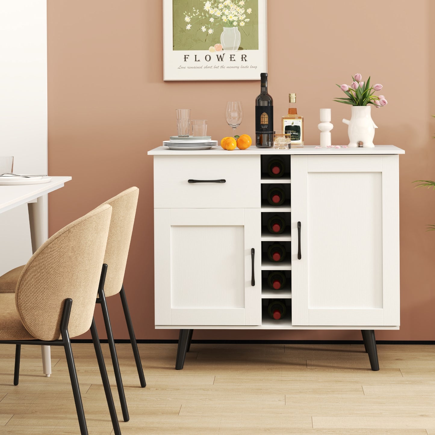 Modern Buffet Sideboard with 2 Cabinets, Storage Drawer and 6 Bottle Wine Rack - White
