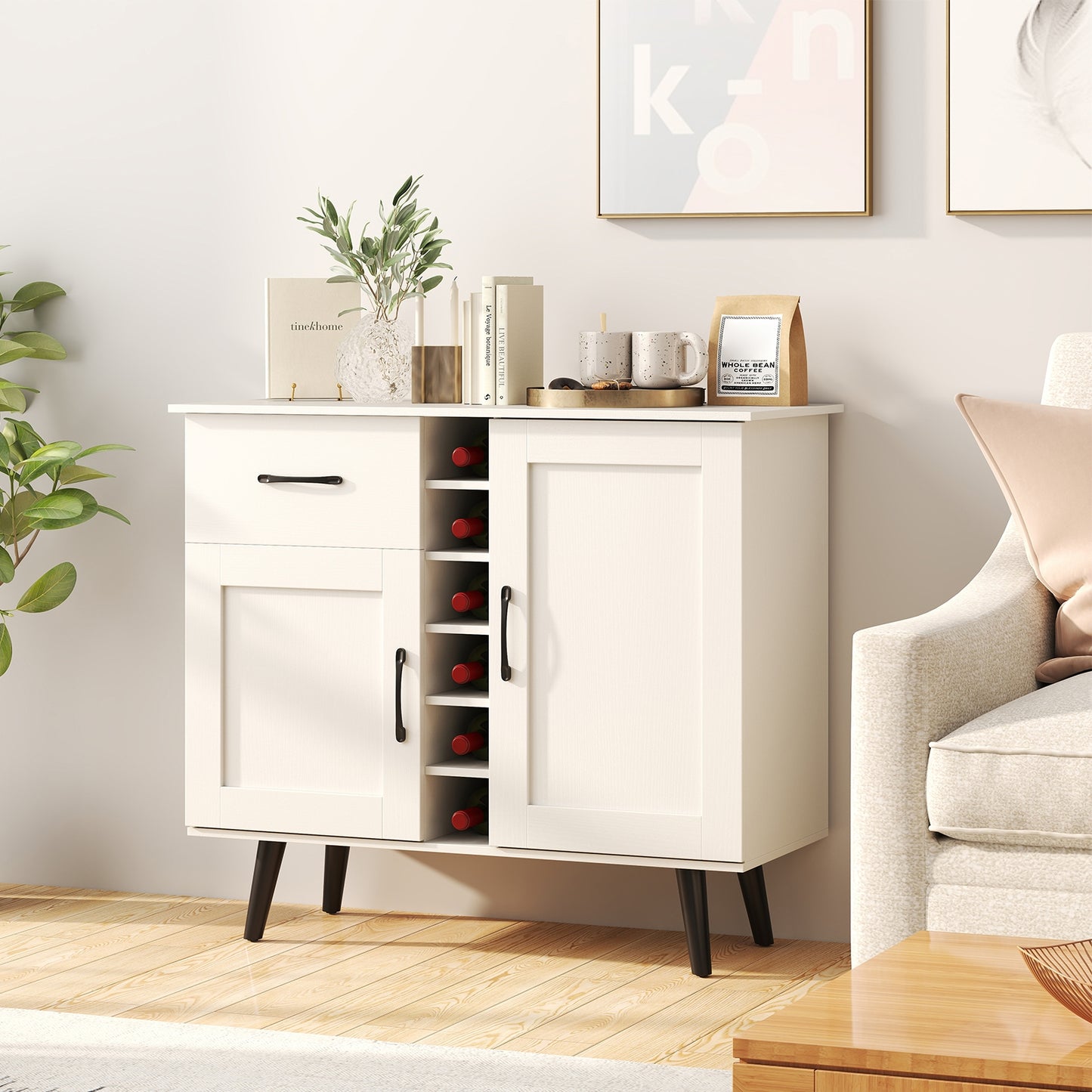 Modern Buffet Sideboard with 2 Cabinets, Storage Drawer and 6 Bottle Wine Rack - White