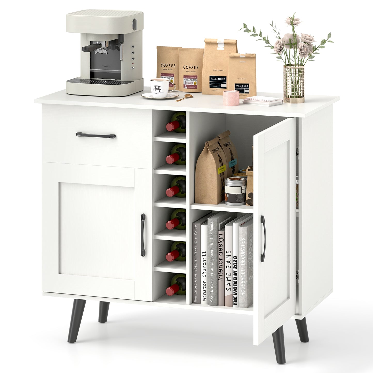 Modern Buffet Sideboard with 2 Cabinets, Storage Drawer and 6 Bottle Wine Rack - White
