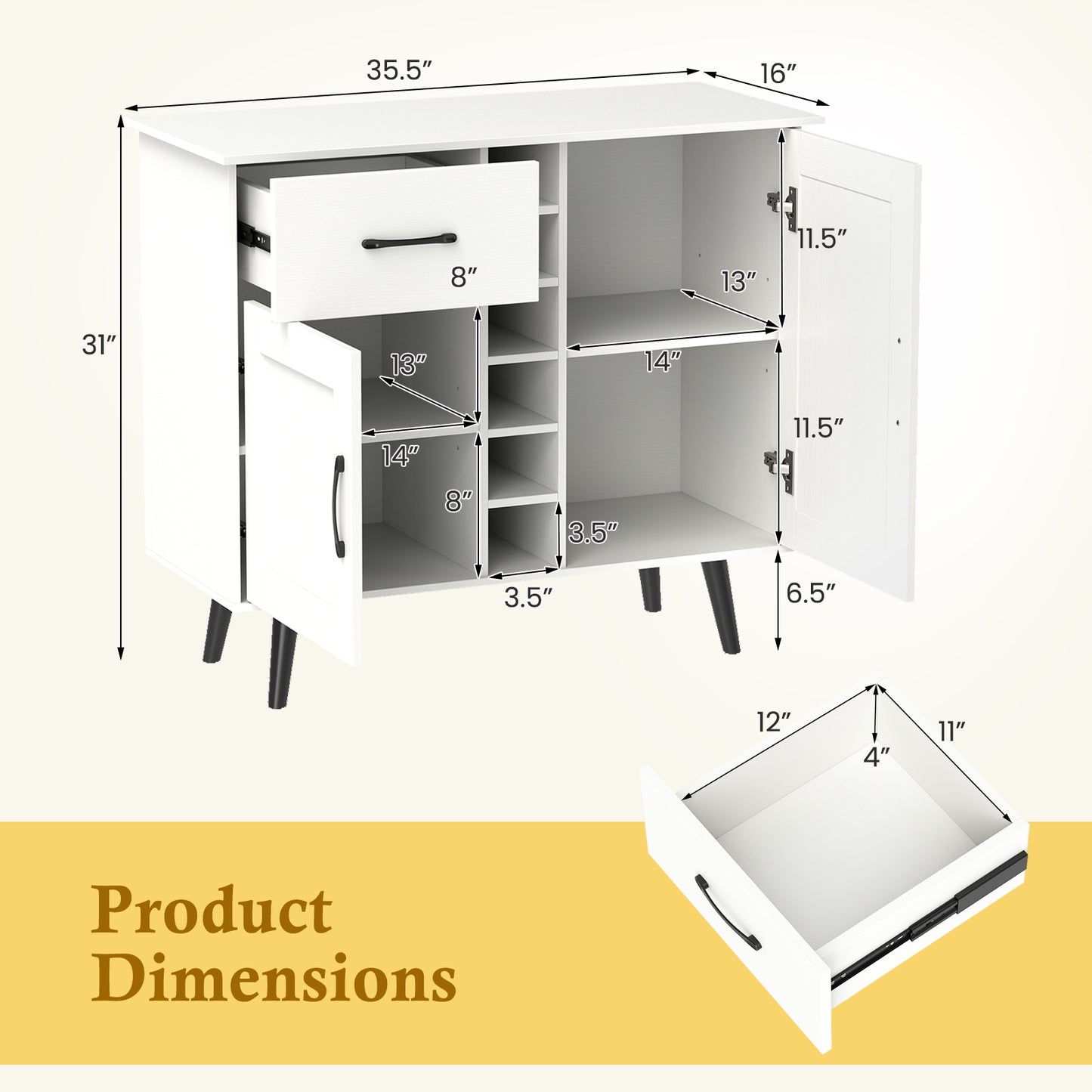 Modern Buffet Sideboard with 2 Cabinets, Storage Drawer and 6 Bottle Wine Rack - White