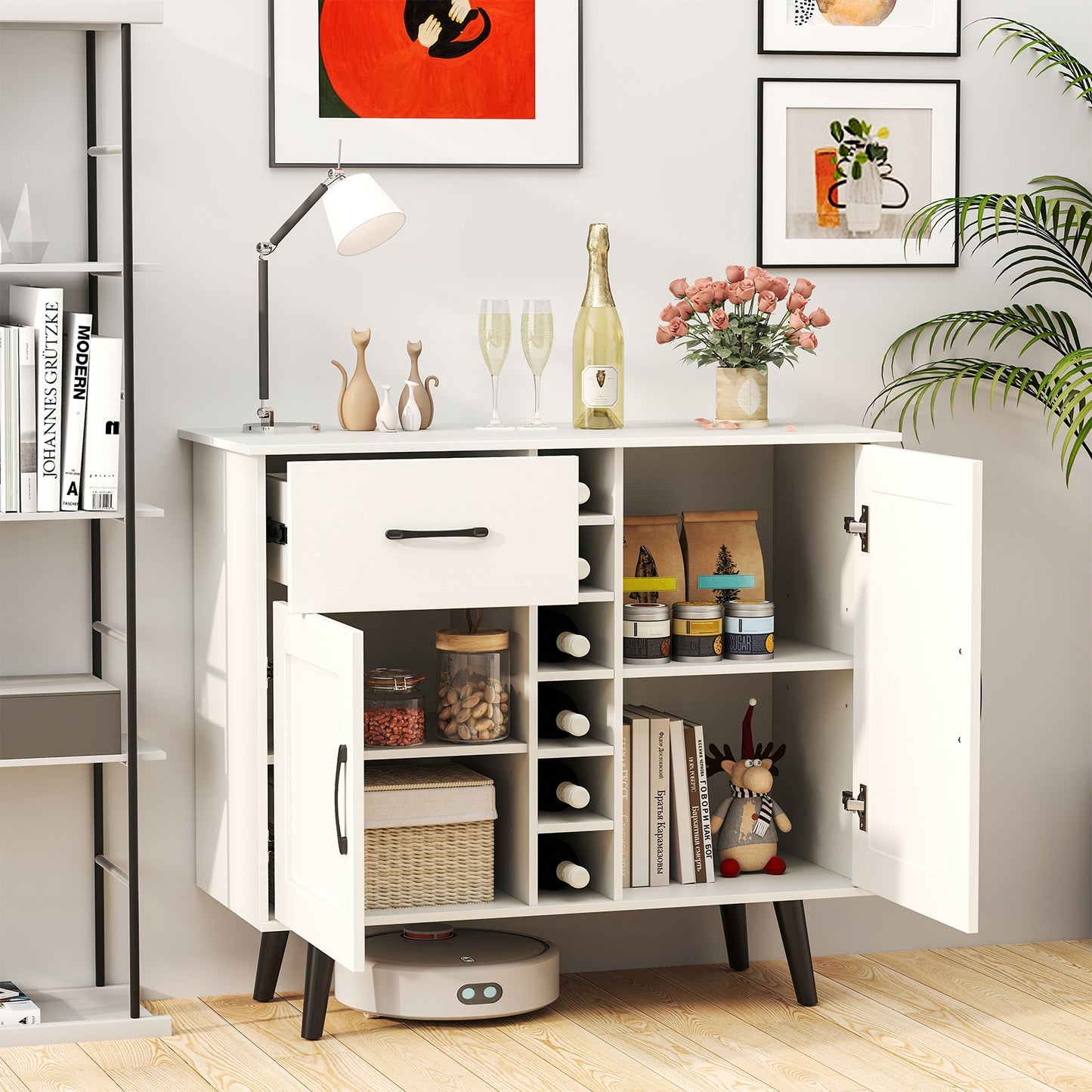 Modern Buffet Sideboard with 2 Cabinets, Storage Drawer and 6 Bottle Wine Rack - White