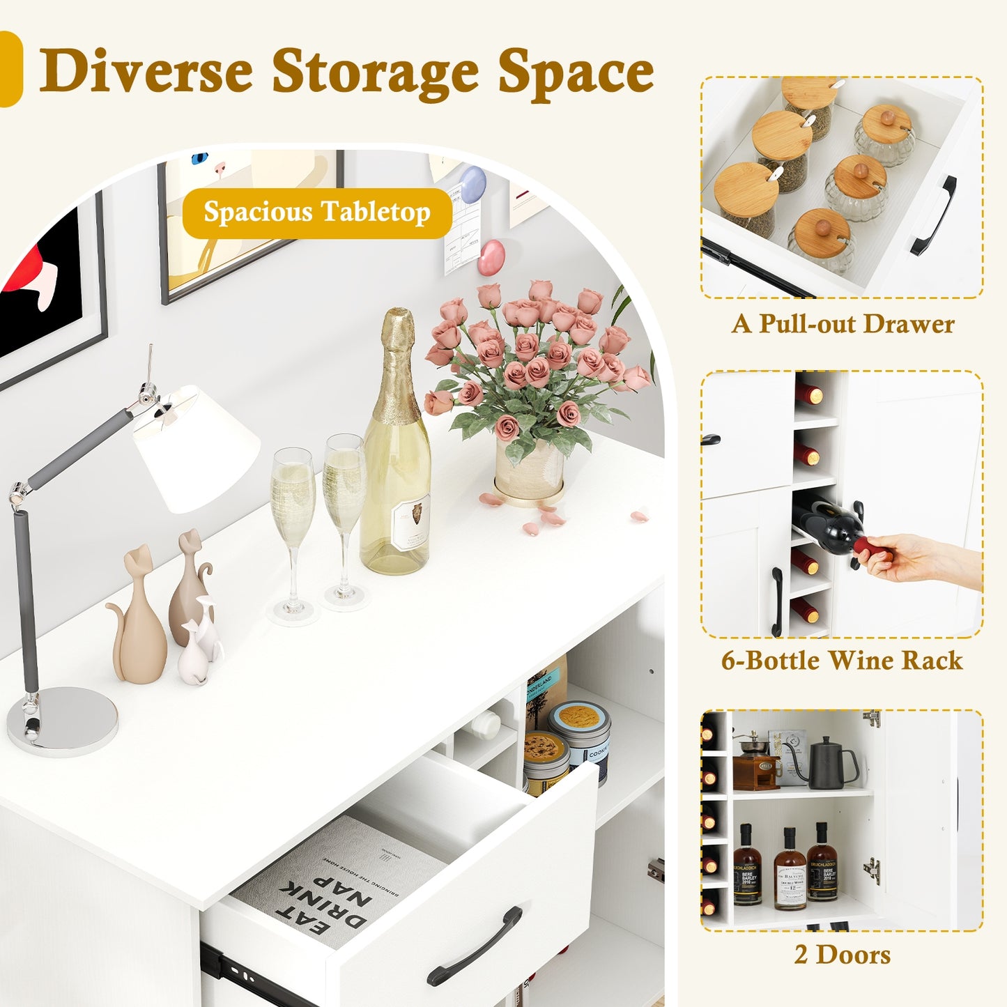 Modern Buffet Sideboard with 2 Cabinets, Storage Drawer and 6 Bottle Wine Rack - White