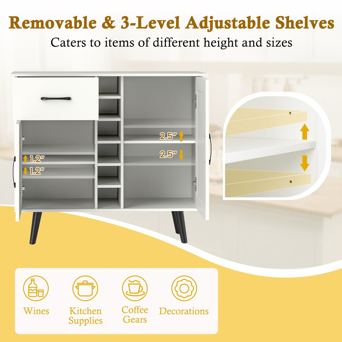 Modern Buffet Sideboard with 2 Cabinets, Storage Drawer and 6 Bottle Wine Rack - White