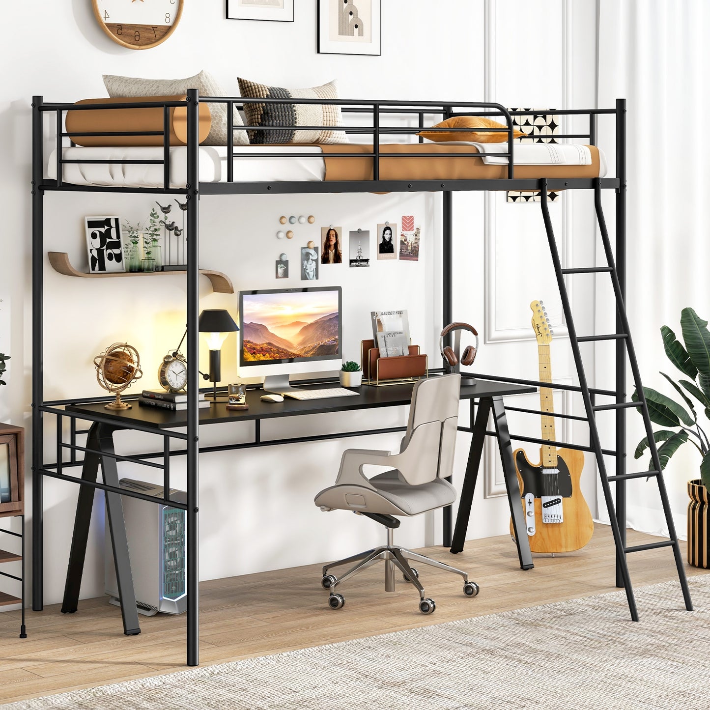 Space-Saving Twin Loft Bed Metal Frame with Safety Guardrails and Inclined Ladder