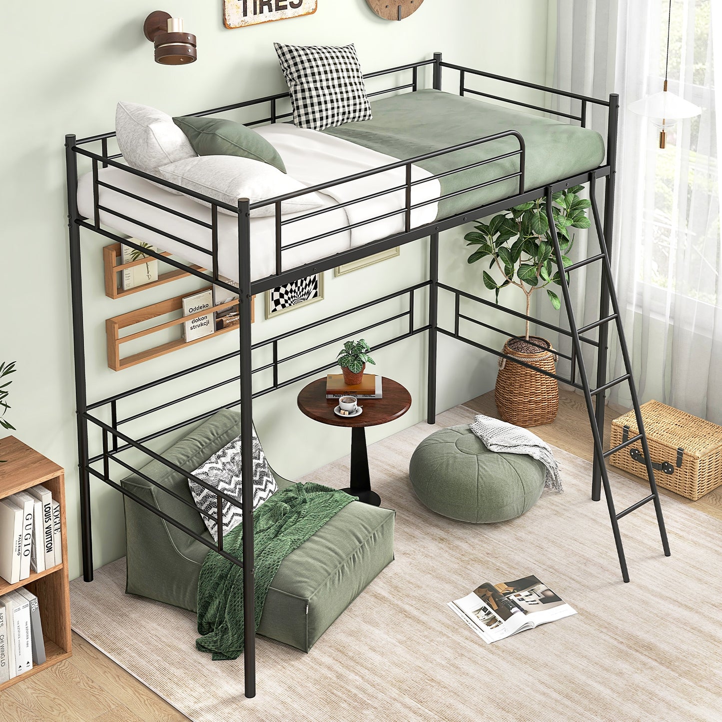 Space-Saving Twin Loft Bed Metal Frame with Safety Guardrails and Inclined Ladder