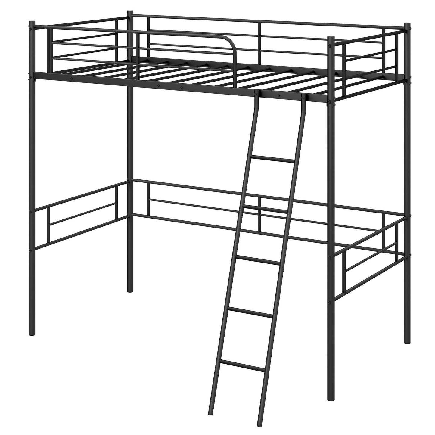Space-Saving Twin Loft Bed Metal Frame with Safety Guardrails and Inclined Ladder