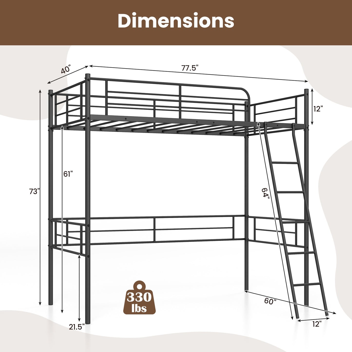 Space-Saving Twin Loft Bed Metal Frame with Safety Guardrails and Inclined Ladder