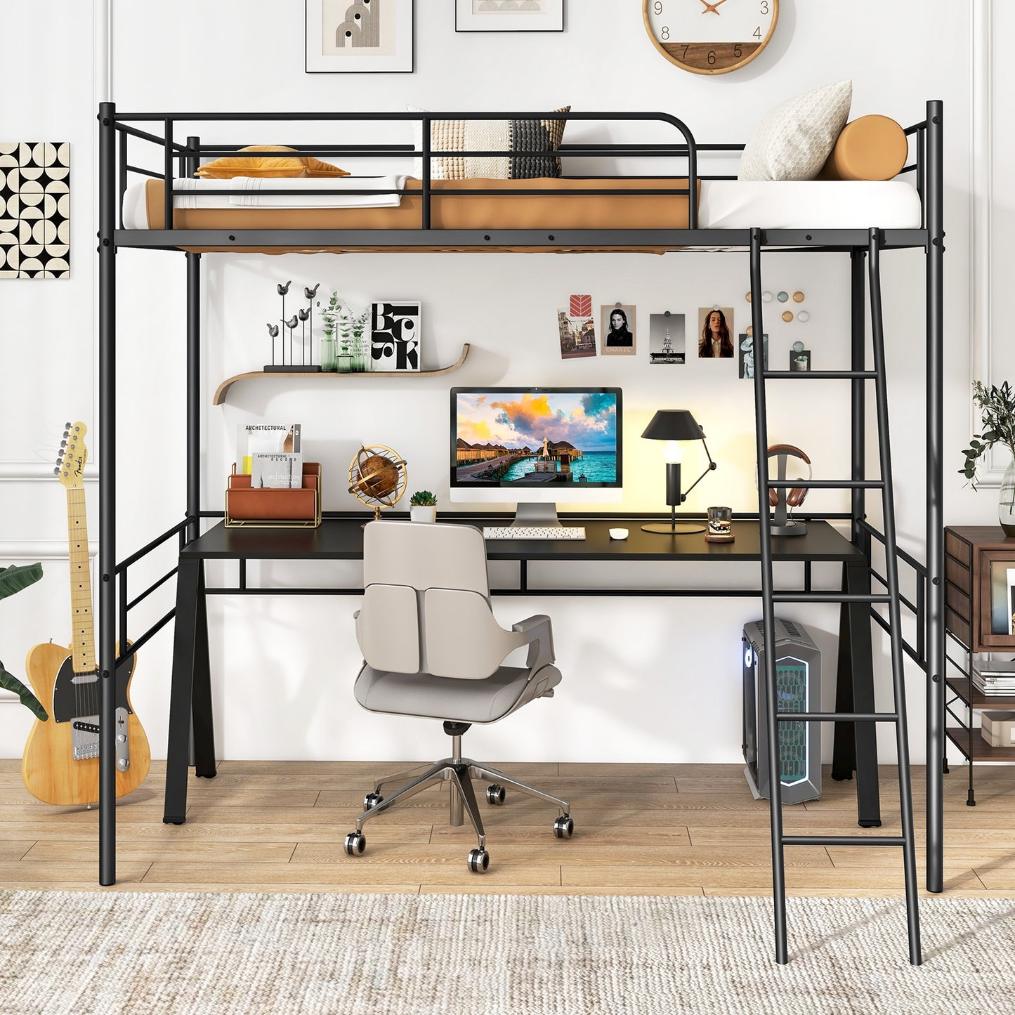 Space-Saving Twin Loft Bed Metal Frame with Safety Guardrails and Inclined Ladder