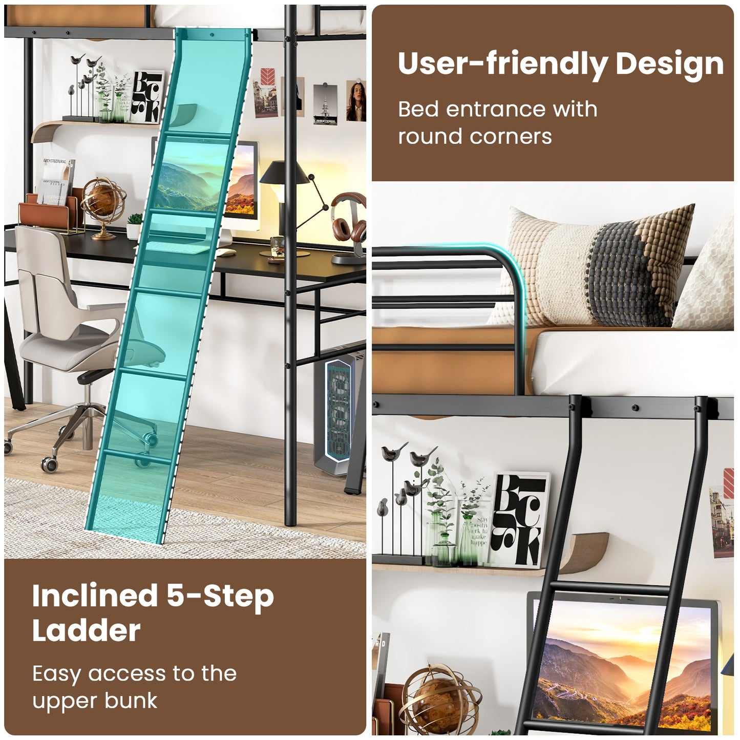 Space-Saving Twin Loft Bed Metal Frame with Safety Guardrails and Inclined Ladder