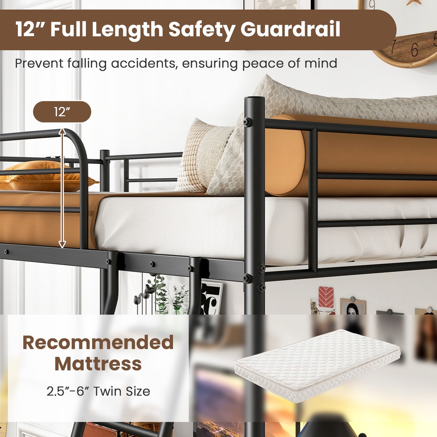 Space-Saving Twin Loft Bed Metal Frame with Safety Guardrails and Inclined Ladder