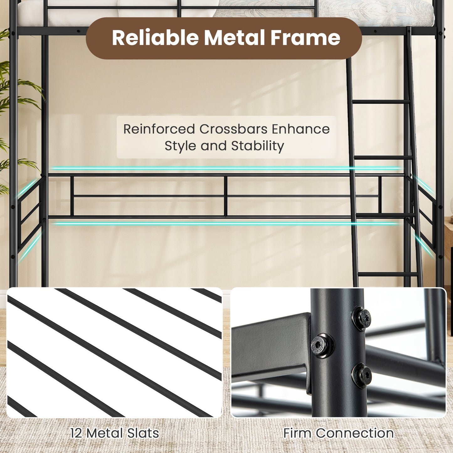 Space-Saving Twin Loft Bed Metal Frame with Safety Guardrails and Inclined Ladder