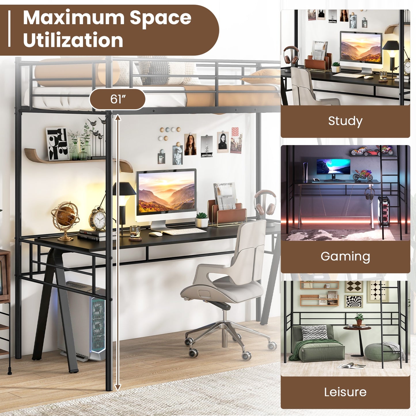 Space-Saving Twin Loft Bed Metal Frame with Safety Guardrails and Inclined Ladder