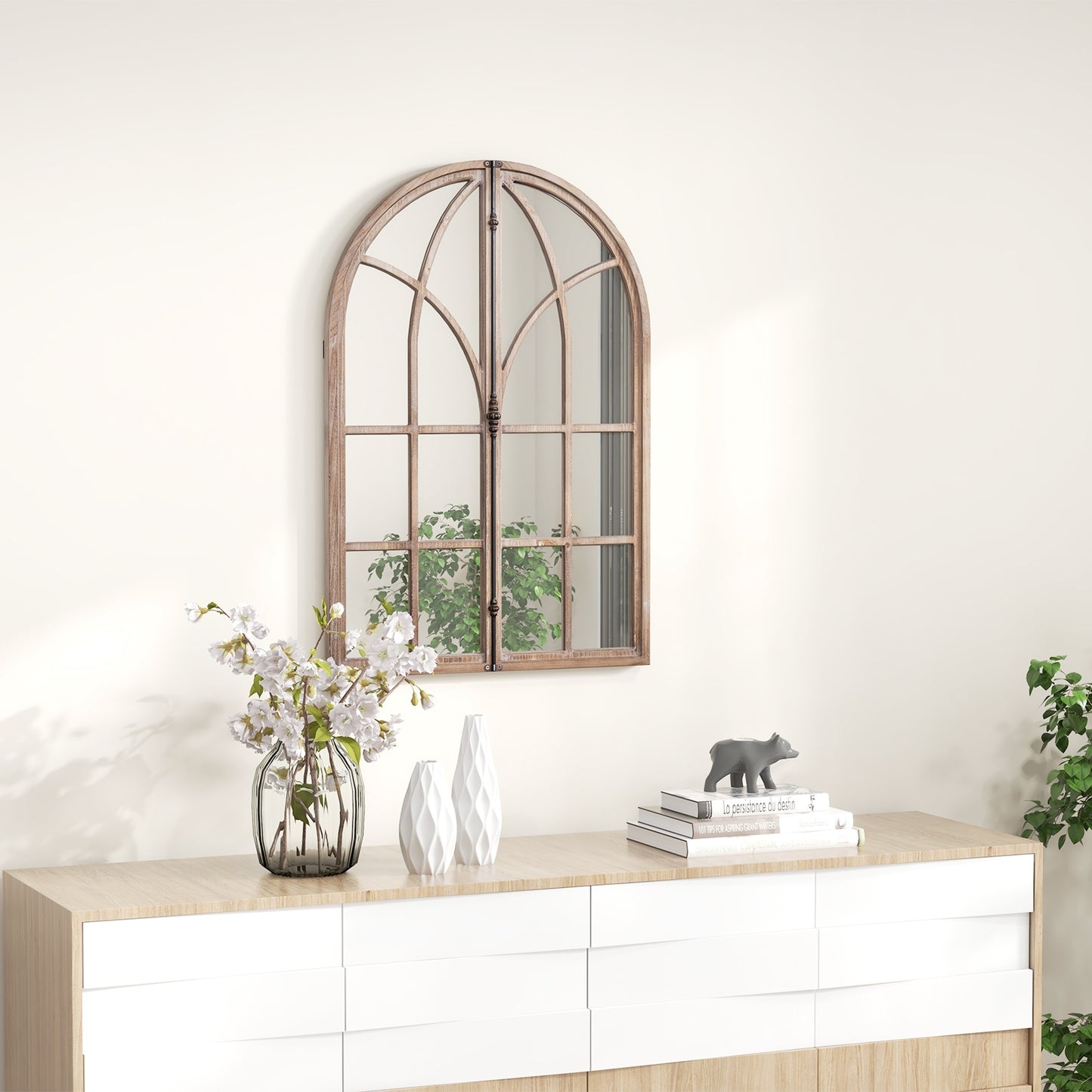 Rustic Arched Window Pane Wall Mirror for Living Room & Entryway Décor