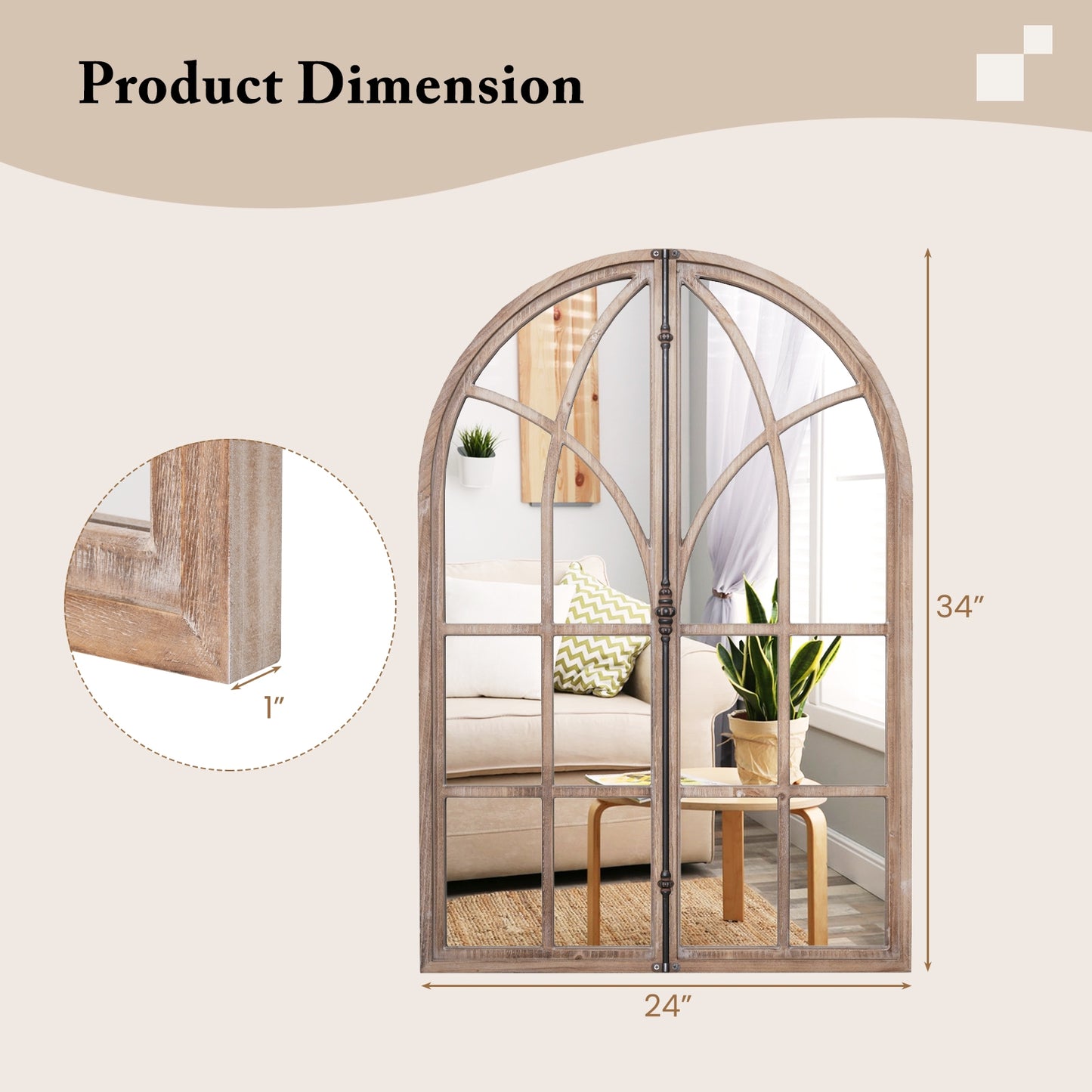 Rustic Arched Window Pane Wall Mirror for Living Room & Entryway Décor