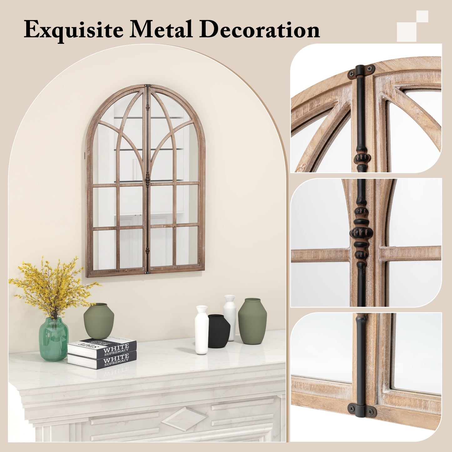Rustic Arched Window Pane Wall Mirror for Living Room & Entryway Décor