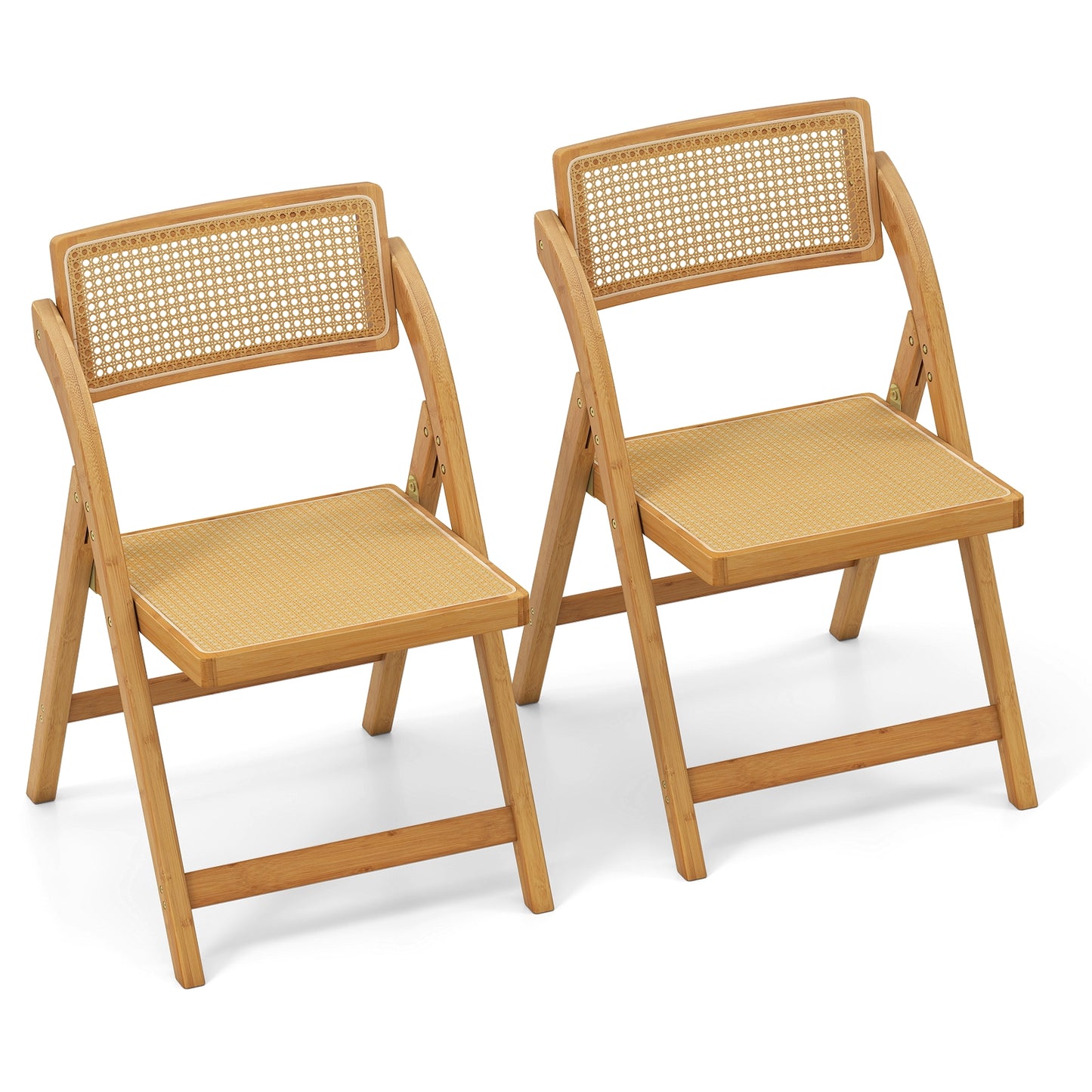 Foldable Rattan Dining Chairs with Rotating Backrest and Bamboo Frame Set of 2