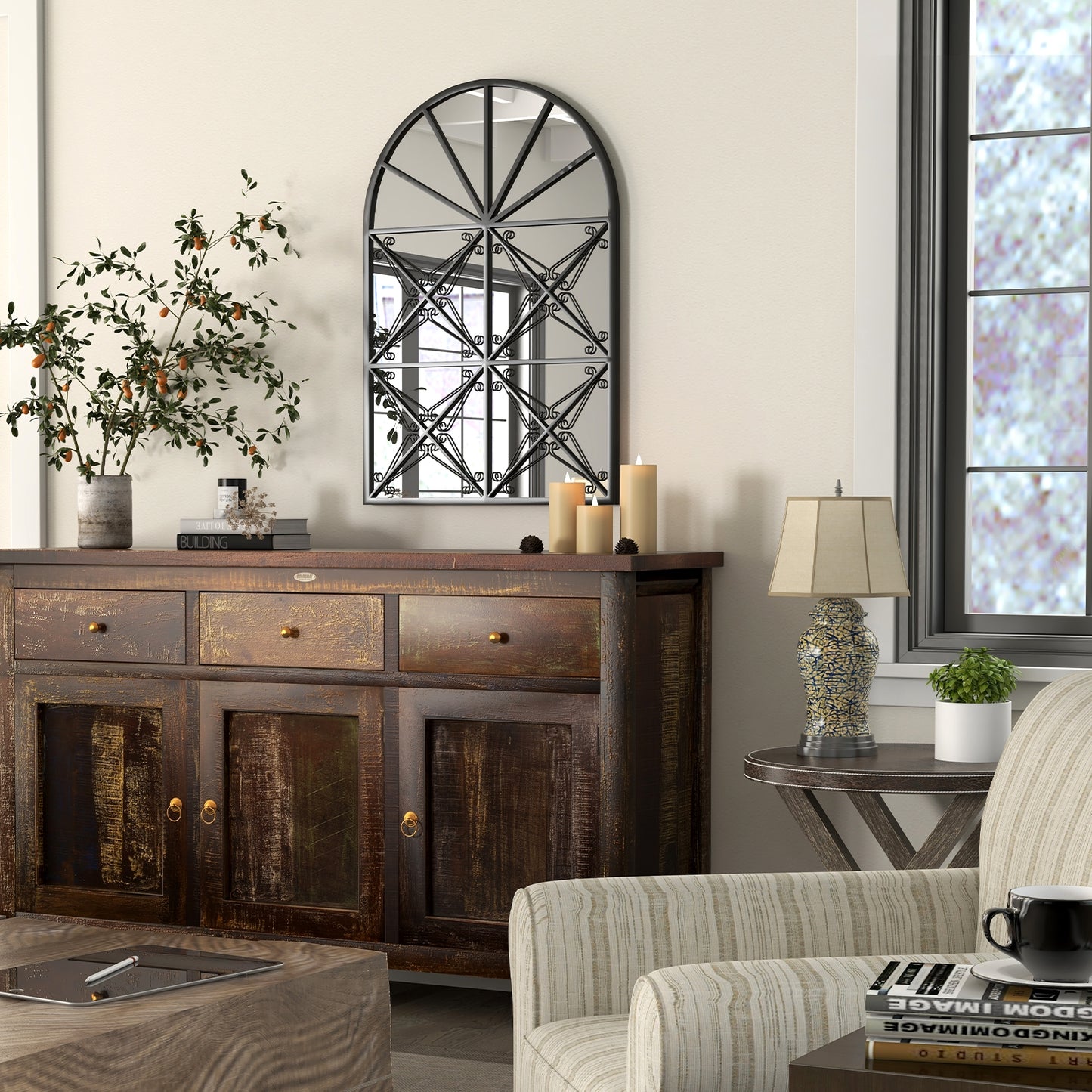 23 x 34 Inch Arched Window Pane Mirror with Brushed Metal Frame for Living Room & Entryway