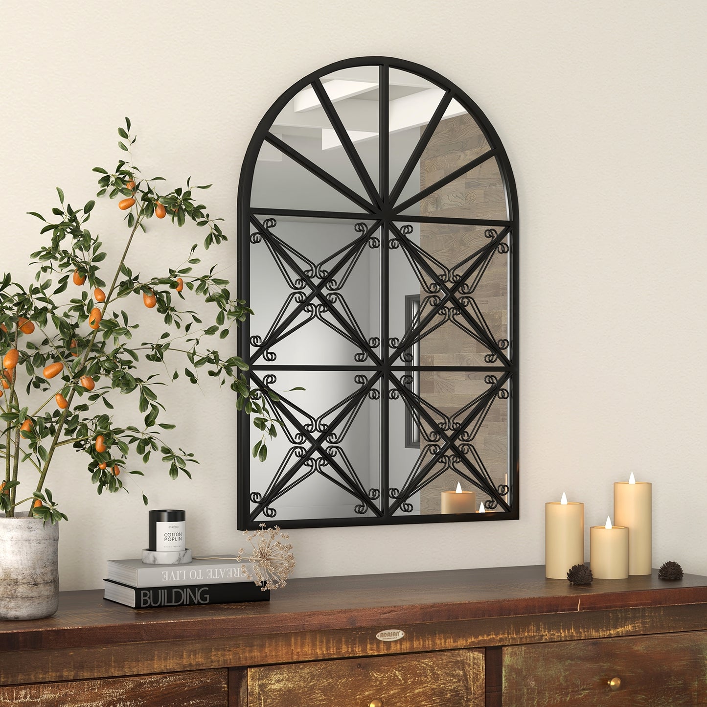 23 x 34 Inch Arched Window Pane Mirror with Brushed Metal Frame for Living Room & Entryway